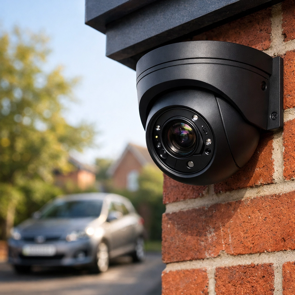 Professional CCTV installation on a residential home in Yeovil showing a sleek black turret camera.
