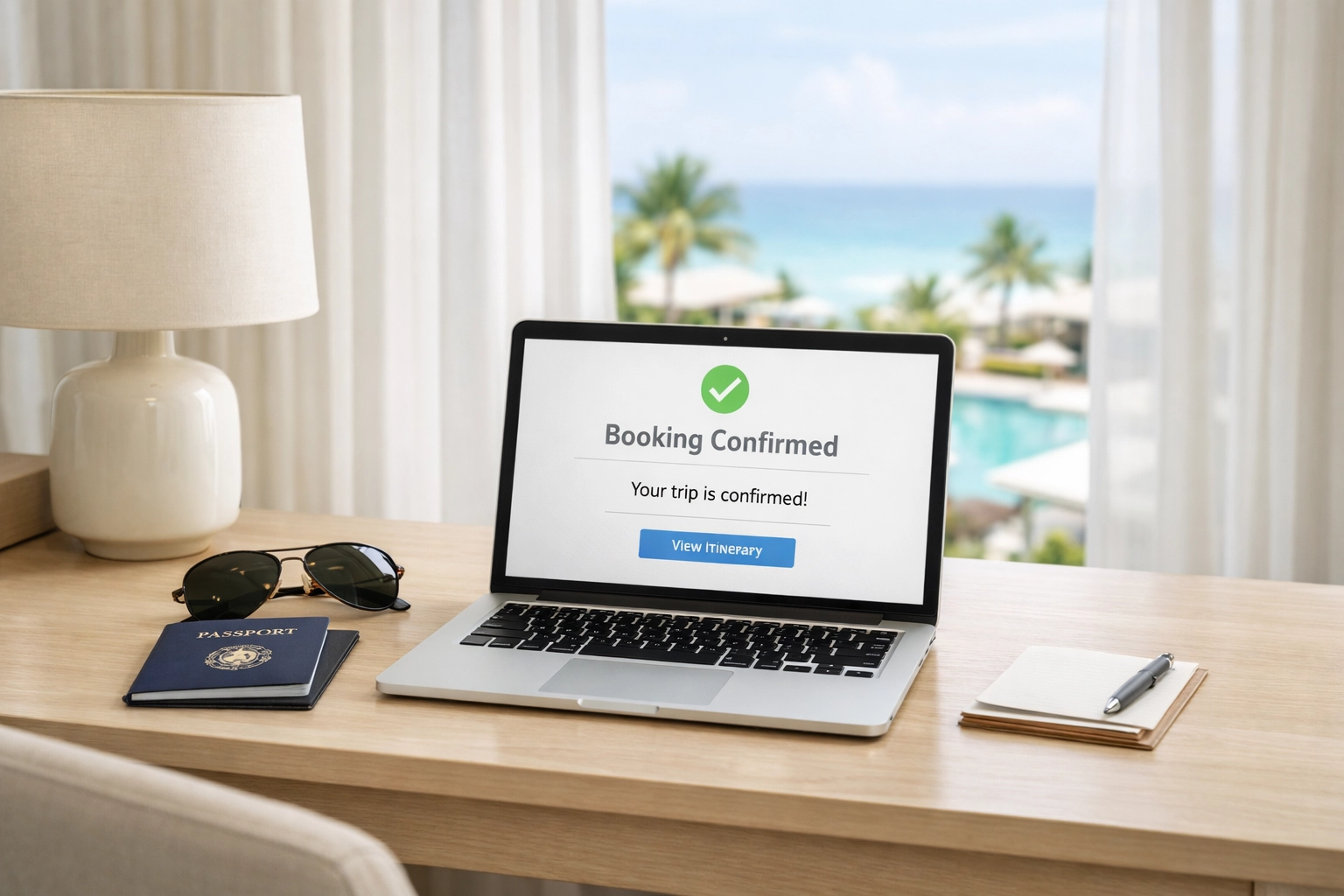 Discreet travel planning with laptop showing resort booking confirmation