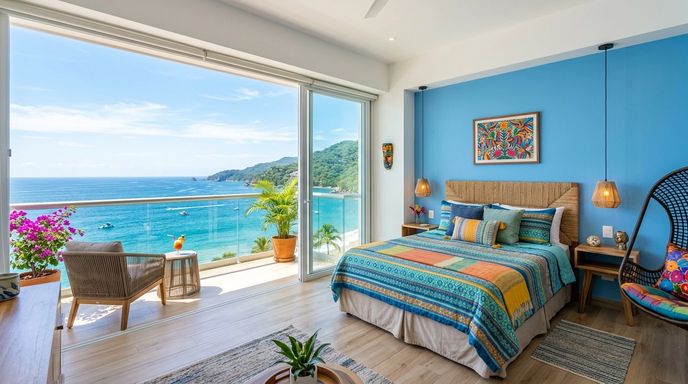 A modern and bright condo bedroom with a queen bed and a stunning view of the ocean through large windows