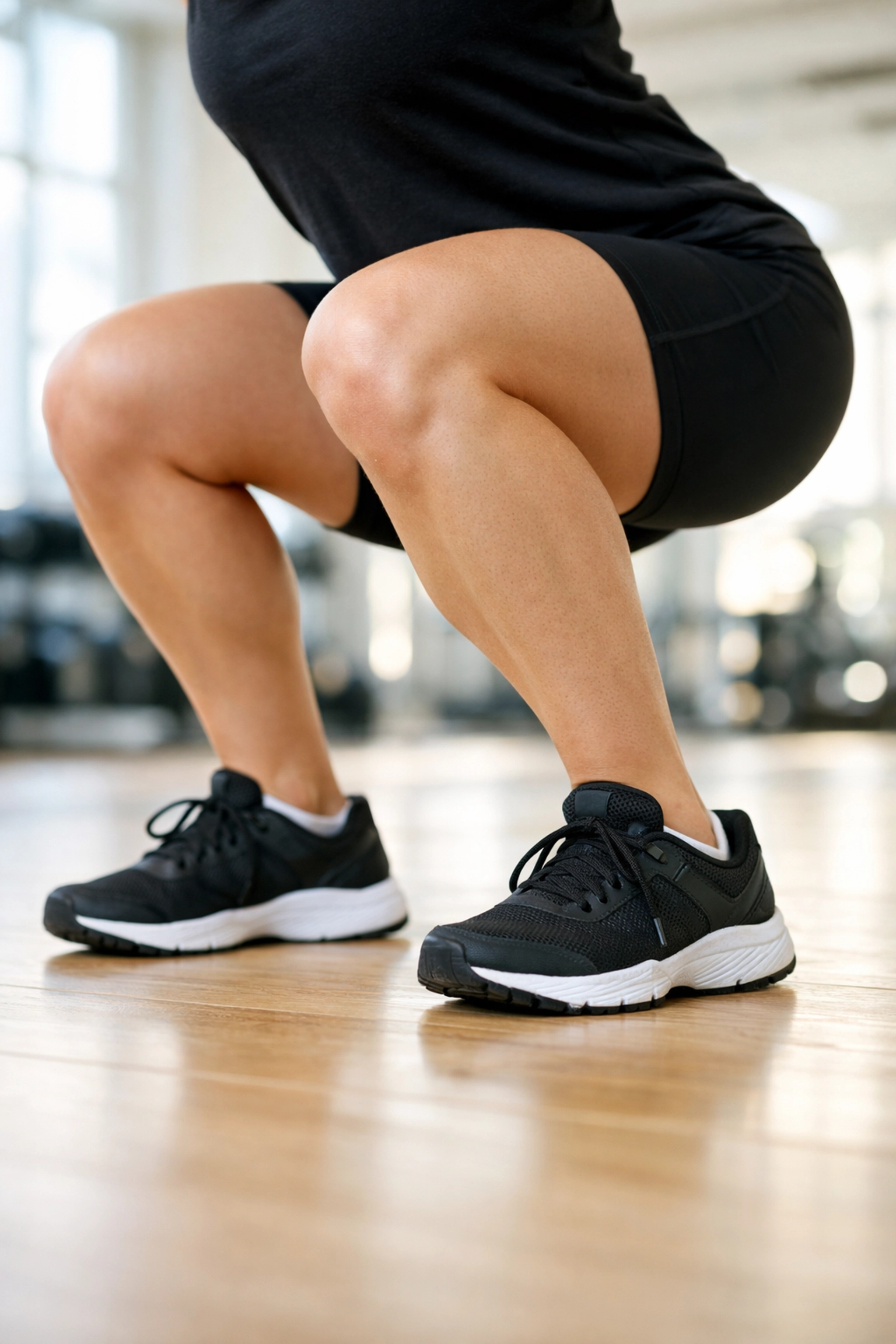 Close-up of poor squat form at a gym, illustrating the need for expert personal training to prevent joint pain.