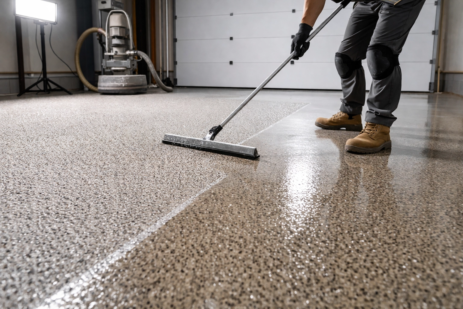 Professional technician applying polyaspartic topcoat during garage floor coating installation