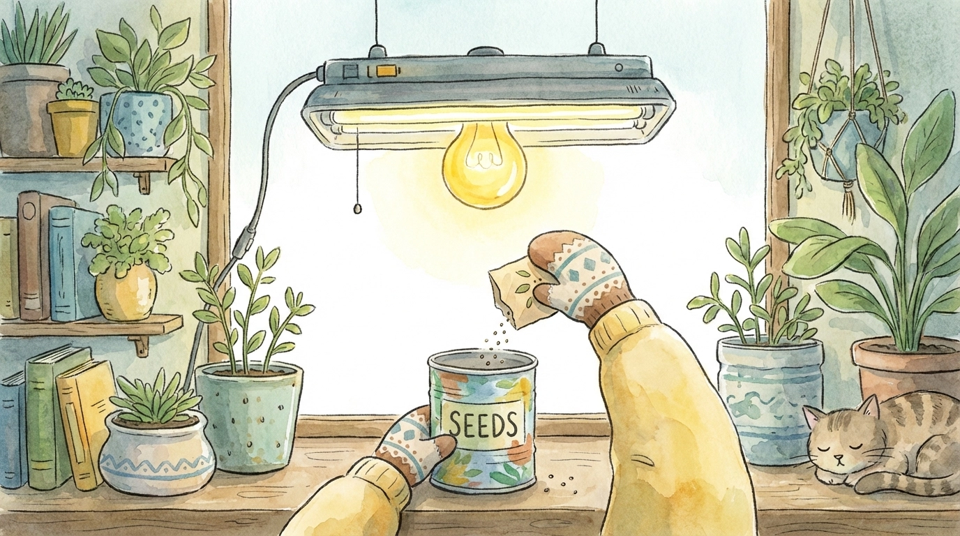 Whimsical storybook cartoon of kid hands planting microgreens under a simple LED light in an upcycled container