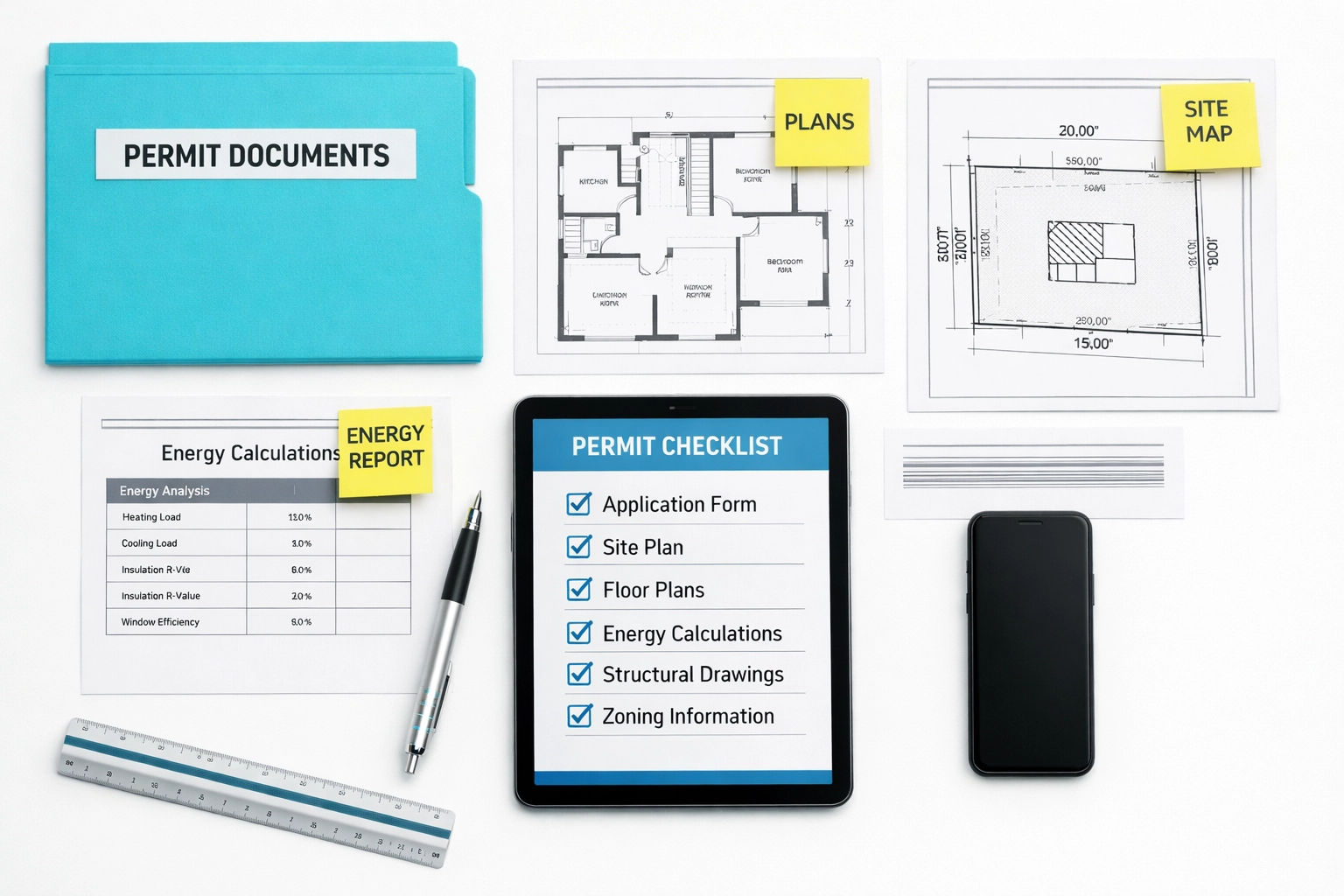 Florida commercial building permit application documents and architectural plans organized on desk