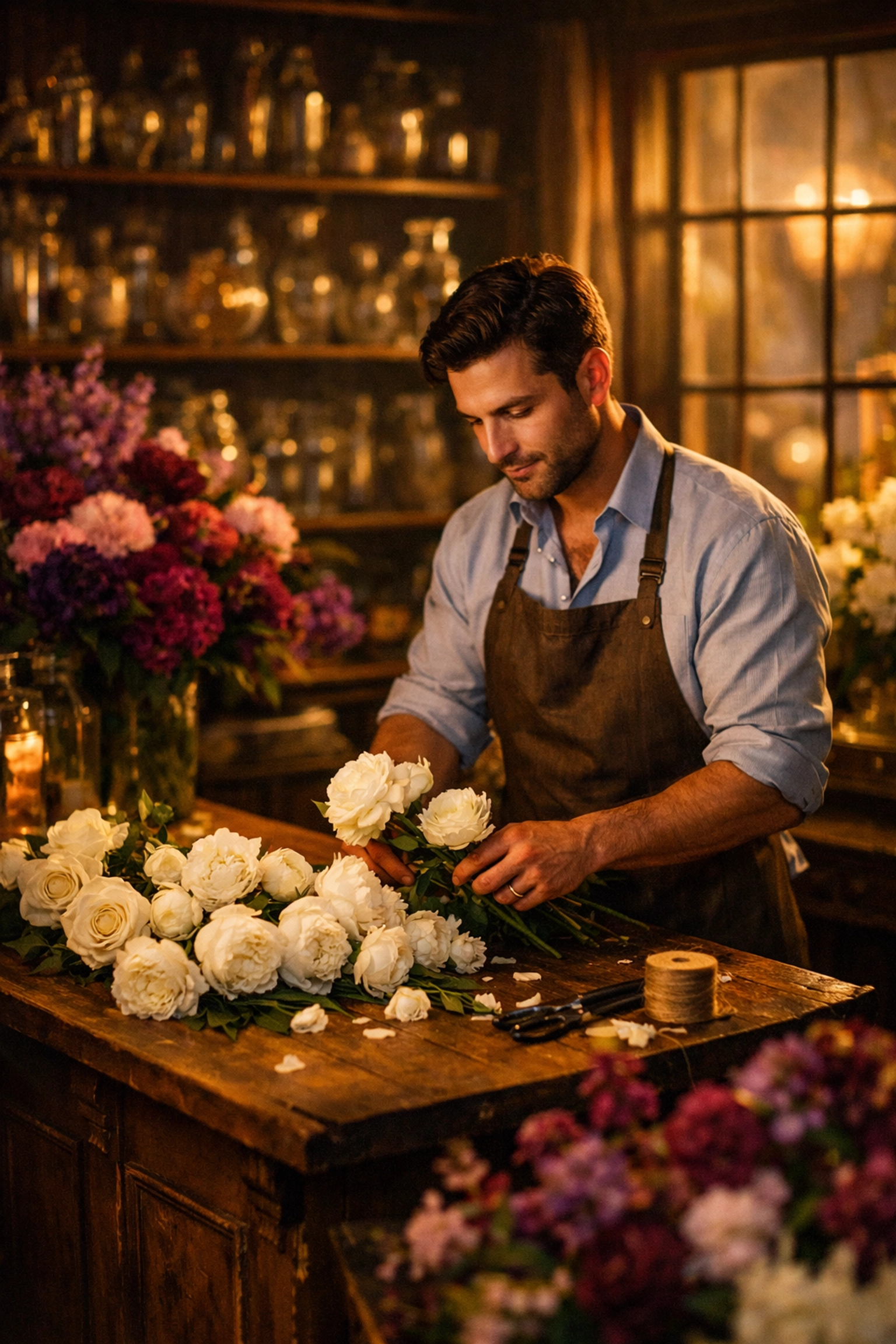 Gay florist arranging white roses in 1950s flower shop, a creative sanctuary during mid-century