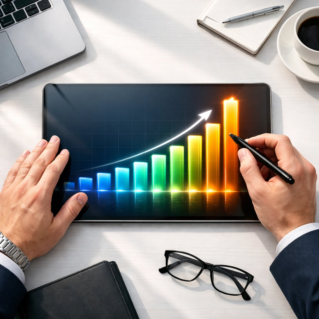 Hands using a tablet displaying a glowing growth chart to track business scaling and onboarding efficiency.