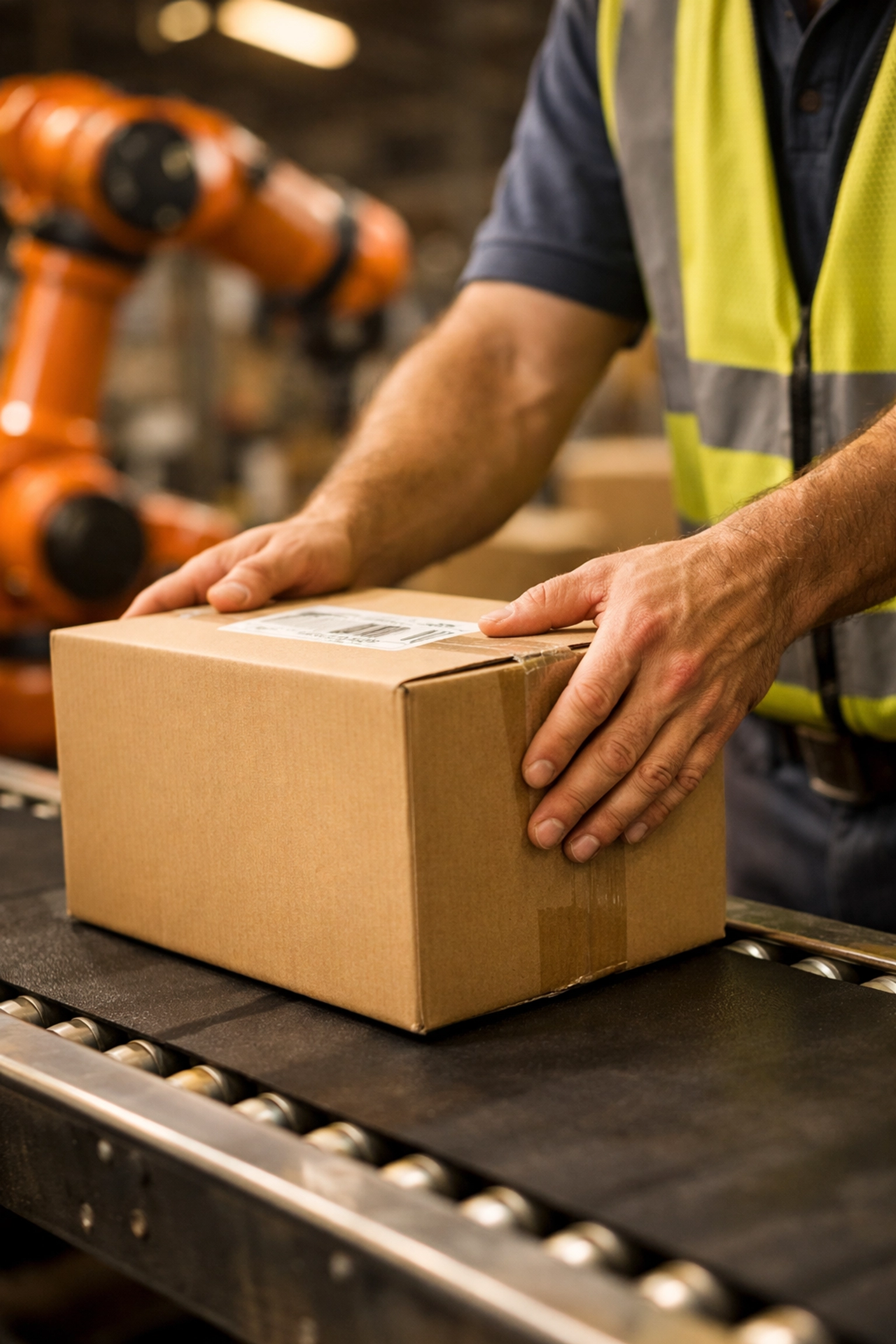 Warehouse worker and robotic arm collaborate on package handling in automated facility