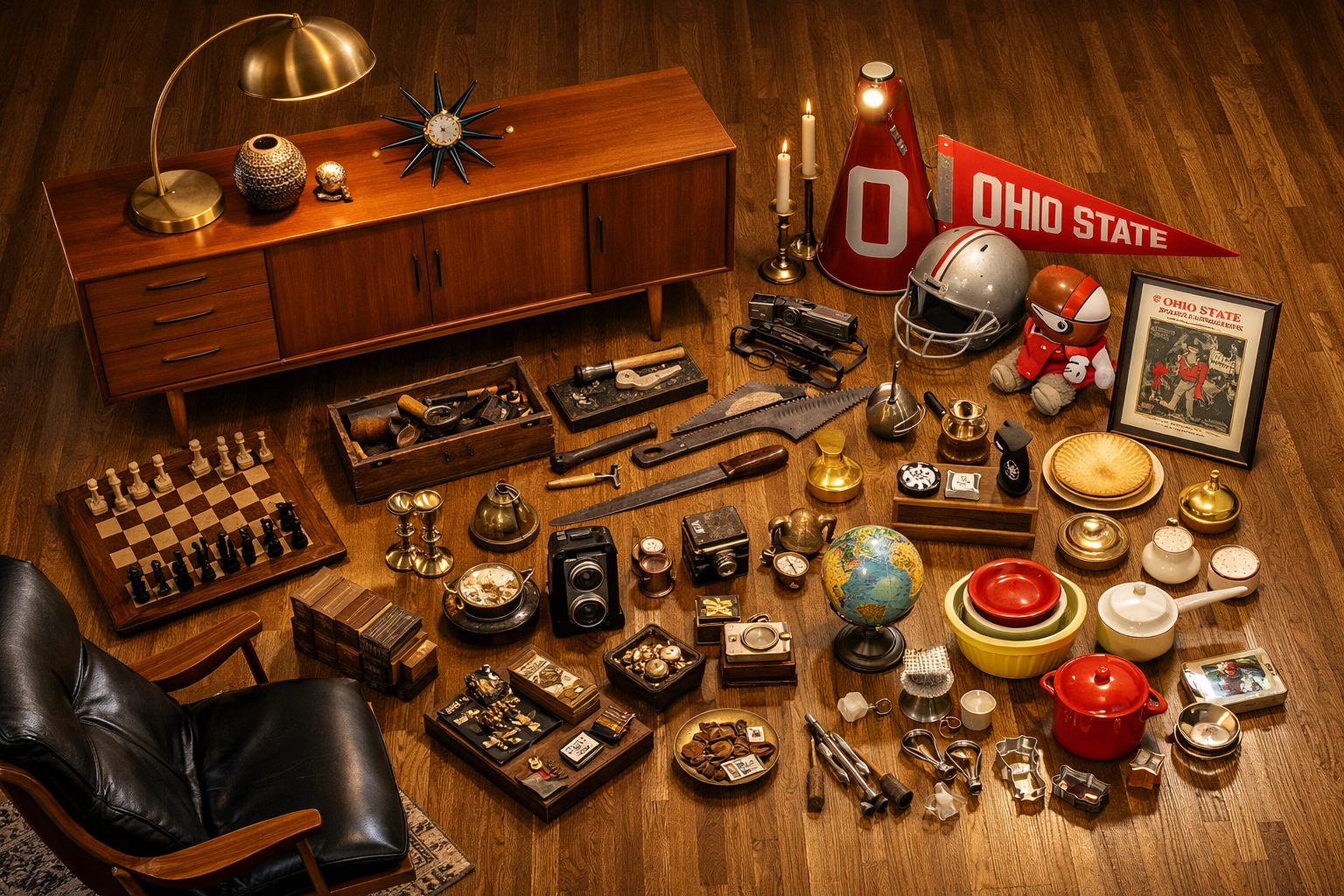 Organized estate sale staging with vintage furniture and collectibles in Westerville home