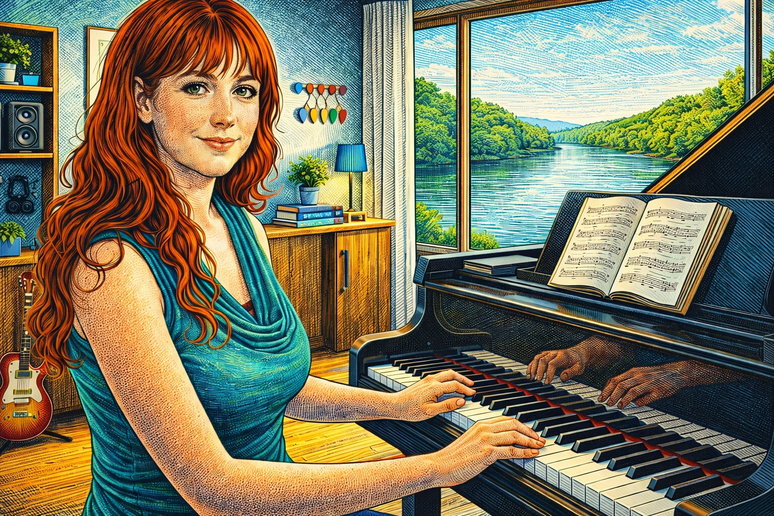 A colorful lithograph-style engraving of a tranquil contemporary piano studio with warm light and a river-view vibe.
