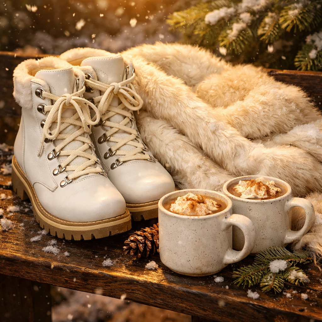 Winter elopement essentials in Banff featuring bridal boots, a fur shawl, and mugs of hot chocolate.