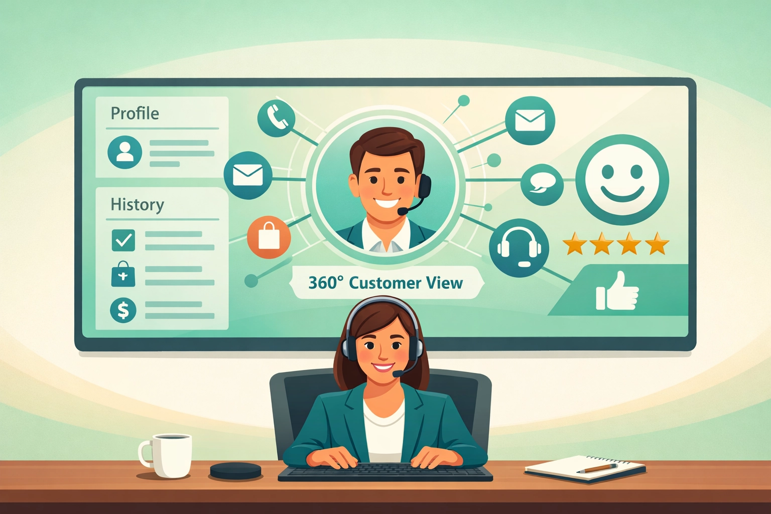 Customer service representative viewing complete customer data in unified CRM system