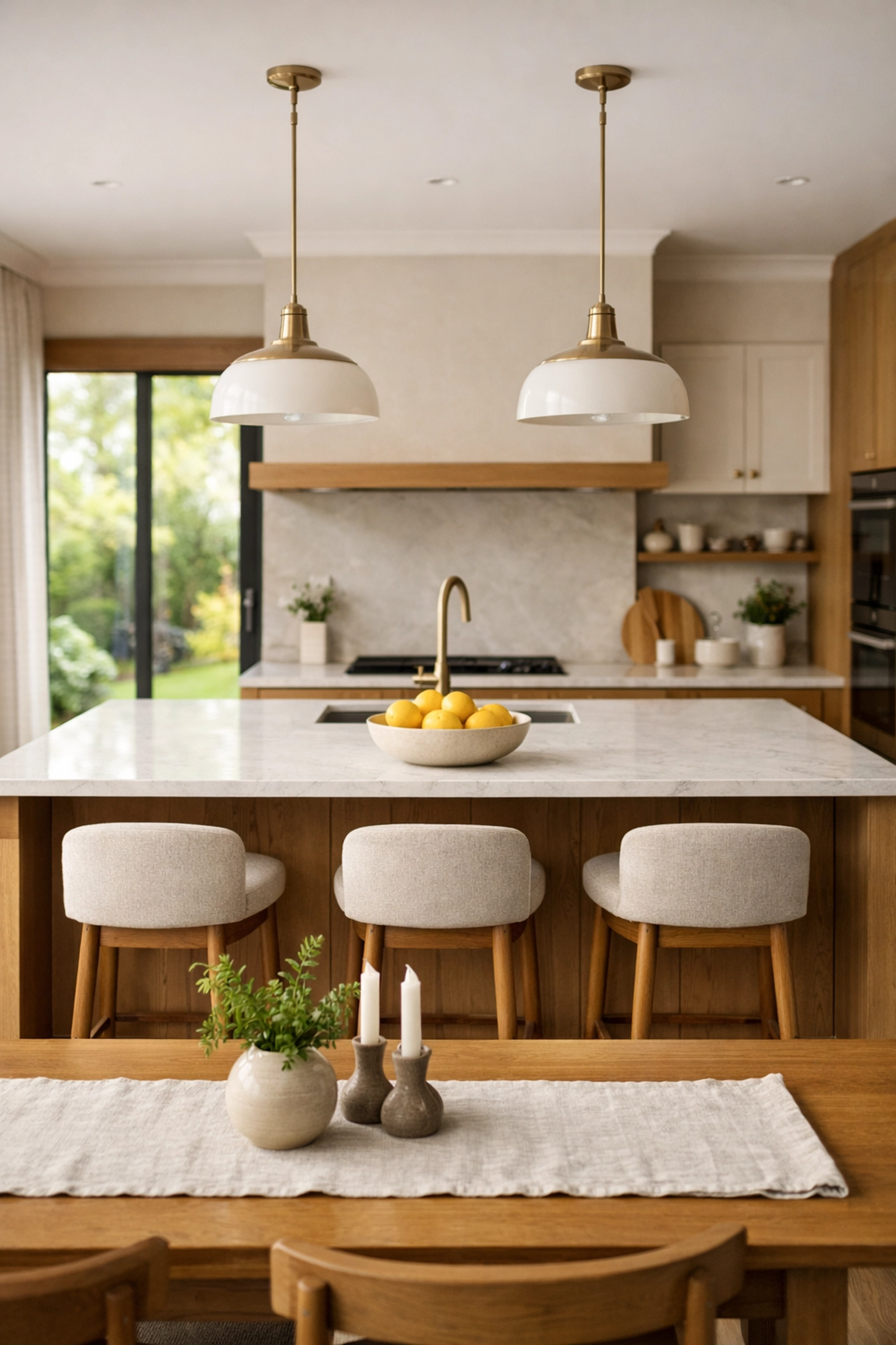 Luxury open-plan bespoke kitchen in Nottingham with a central island and natural lighting.