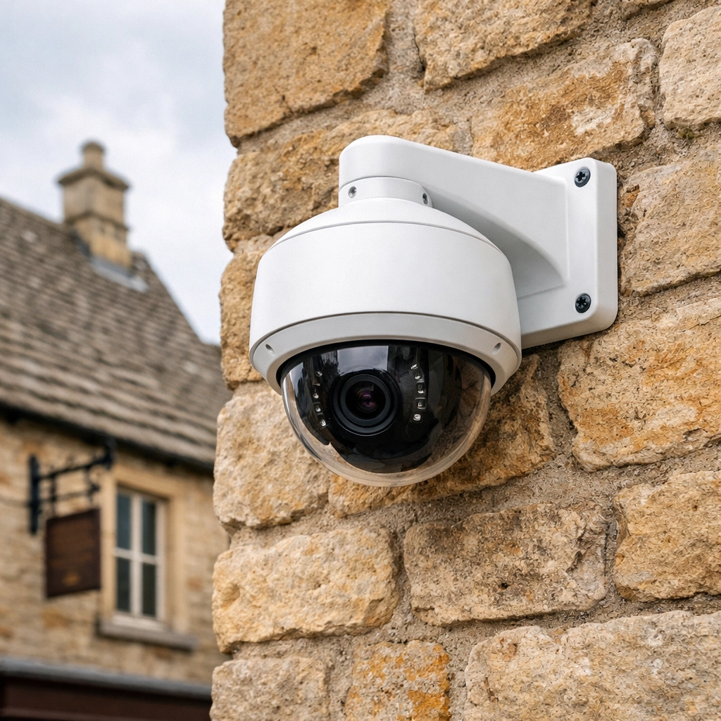 Modern white CCTV dome camera professionally installed on a traditional Cirencester stone building.