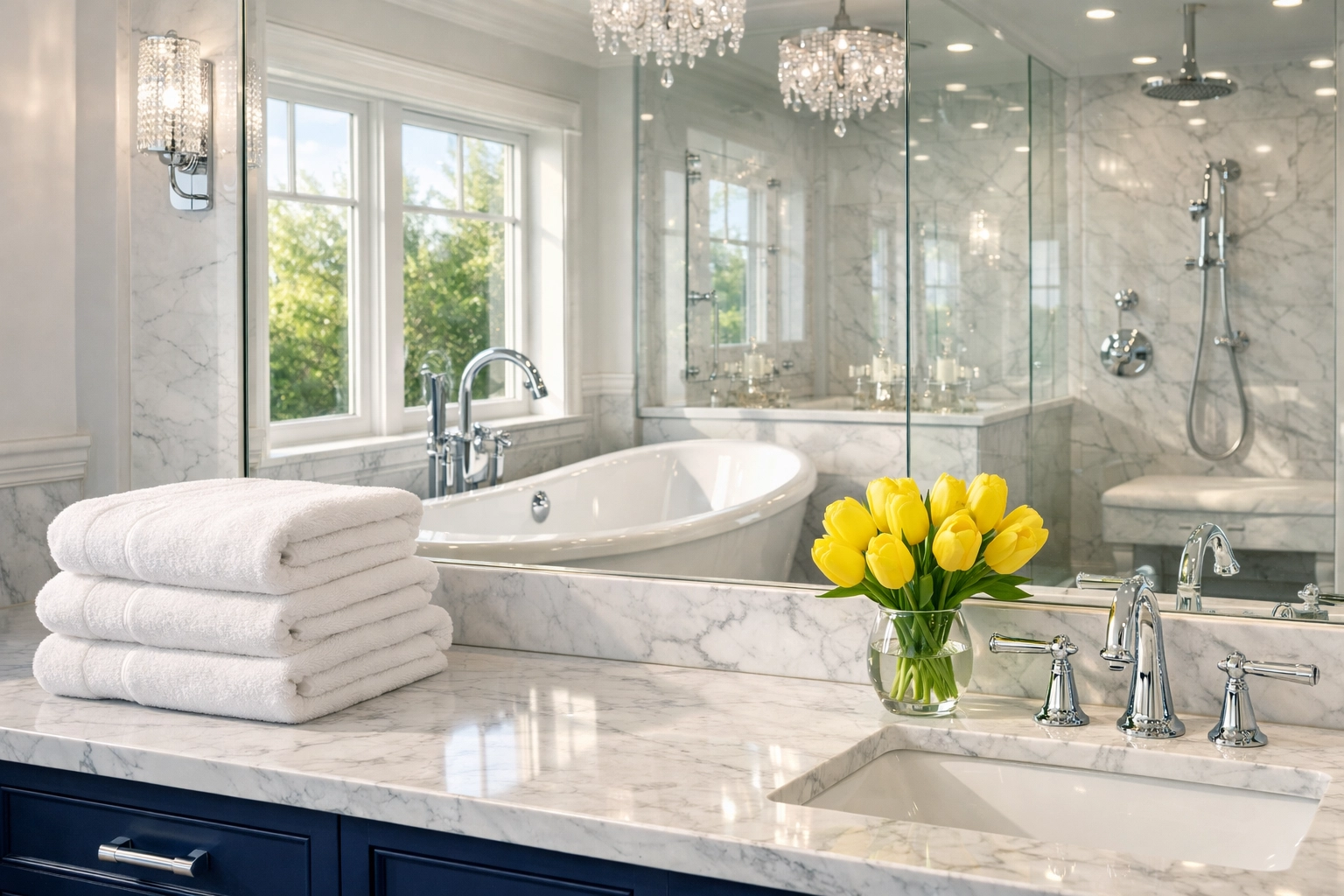Pristine master bathroom with marble counters after a high-quality house cleaning Worcester MA service.