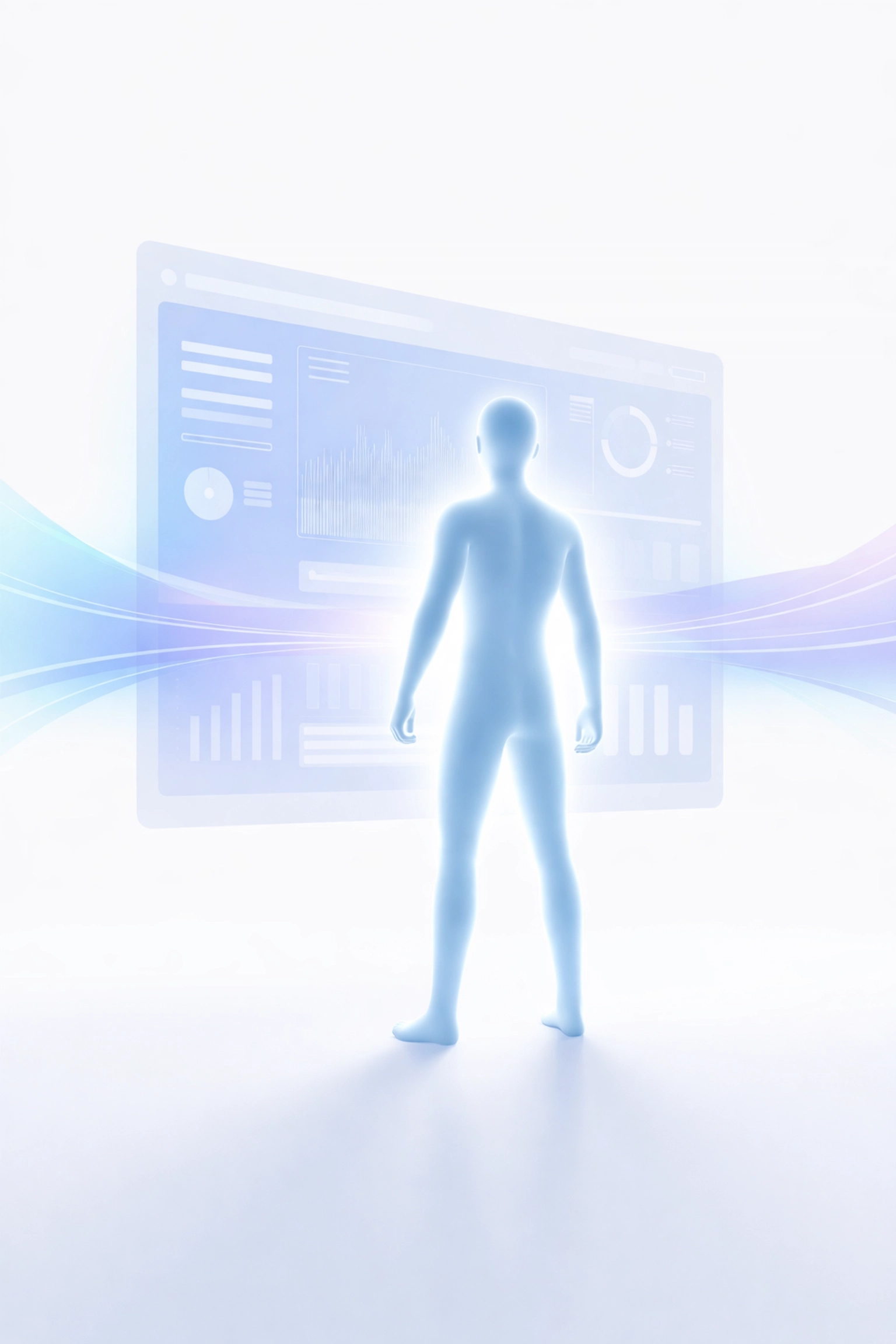 A glowing human figure interacts with a digital interface, symbolizing AI personalization for websites.