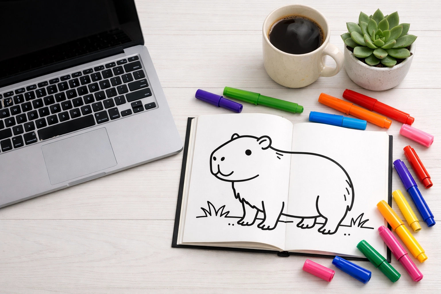 A reseller’s workspace with a laptop and an open bold and easy coloring book for adults with colorful markers.