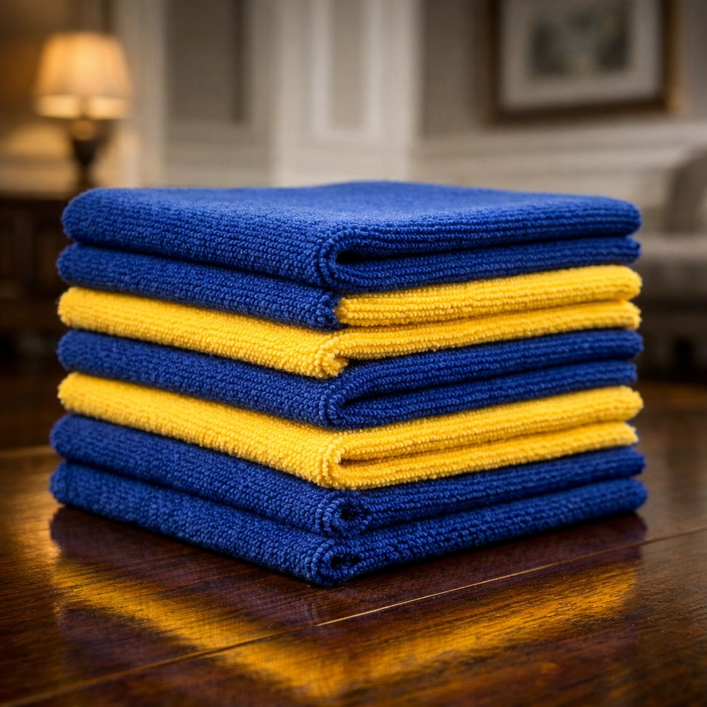 Premium microfiber cloths on a polished hardwood floor during a deep cleaning Worcester residential session.