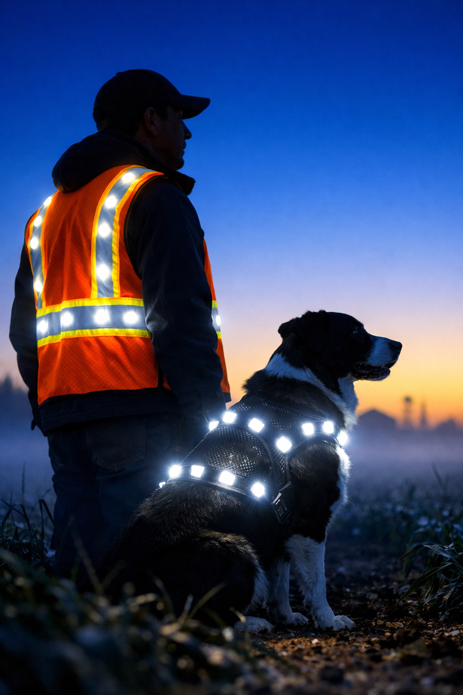 Worker in LED safety vest and dog in LED harness with white lights providing farm visibility at dawn.