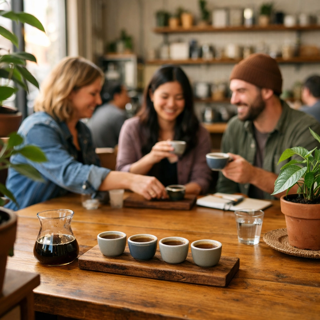 People enjoying a coffee tasting session together in a warm, wood-furnished specialty coffee shop.