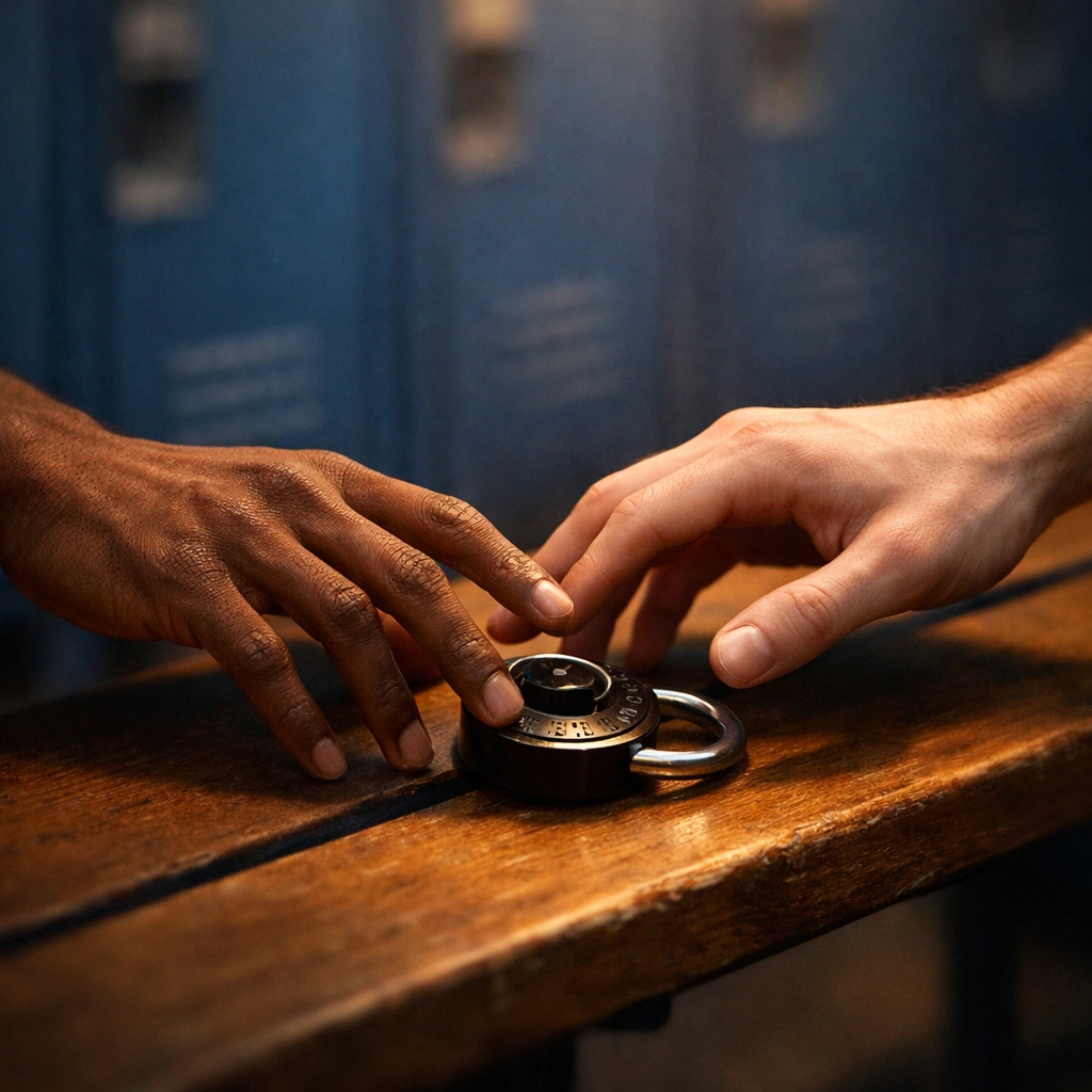 Two men's hands nearly touching over gym lock, intimate moment in locker room MM romance