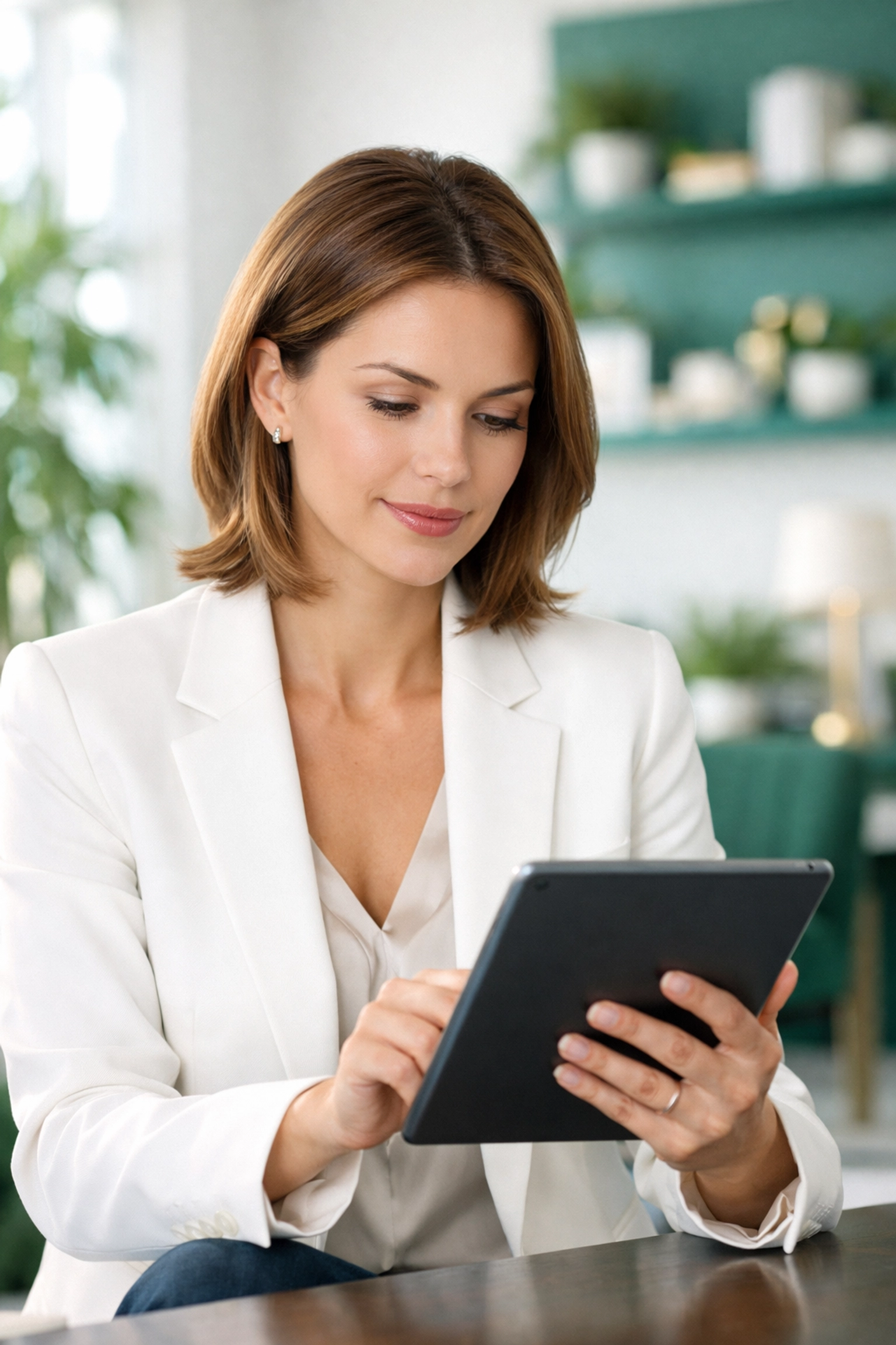 Woman investor checking credit for a DSCR loan Missouri in a modern Kansas City office.