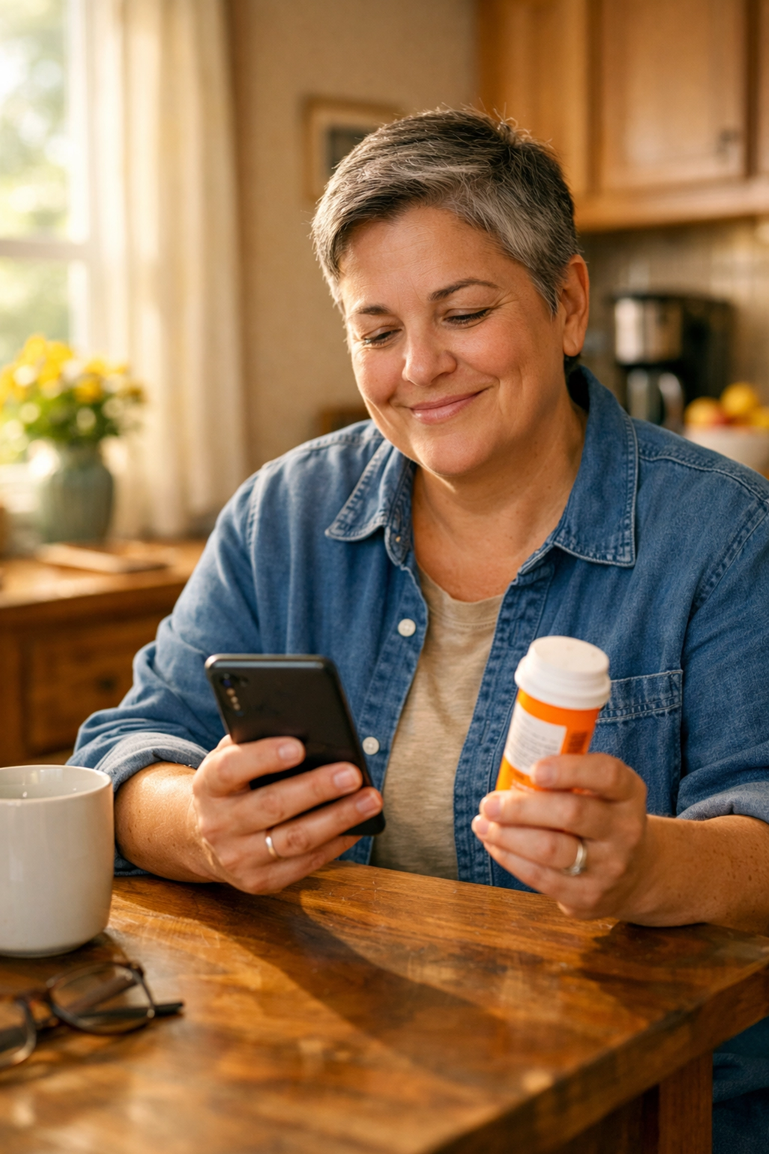 Person successfully receiving prescription refill via telehealth consultation at home