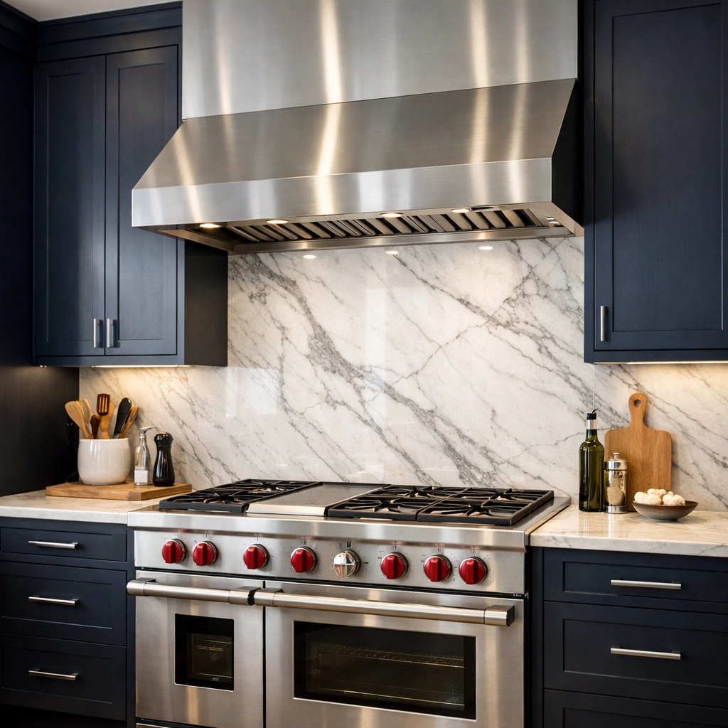 Modern kitchen with blue cabinetry kept spotless through regular house cleaning.