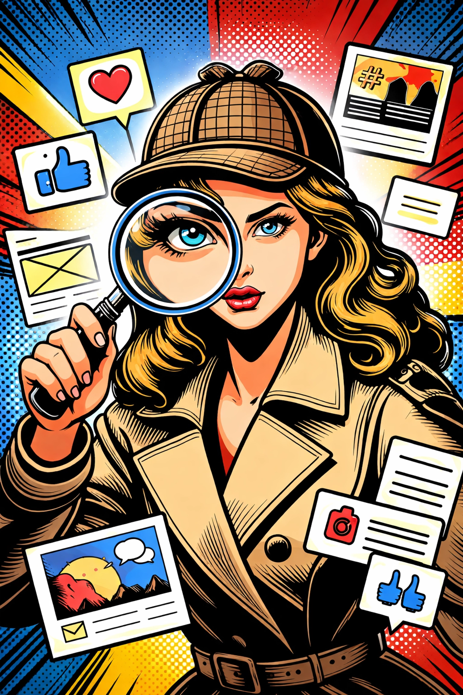 The FBI-level researcher friend investigating social media profiles with a magnifying glass