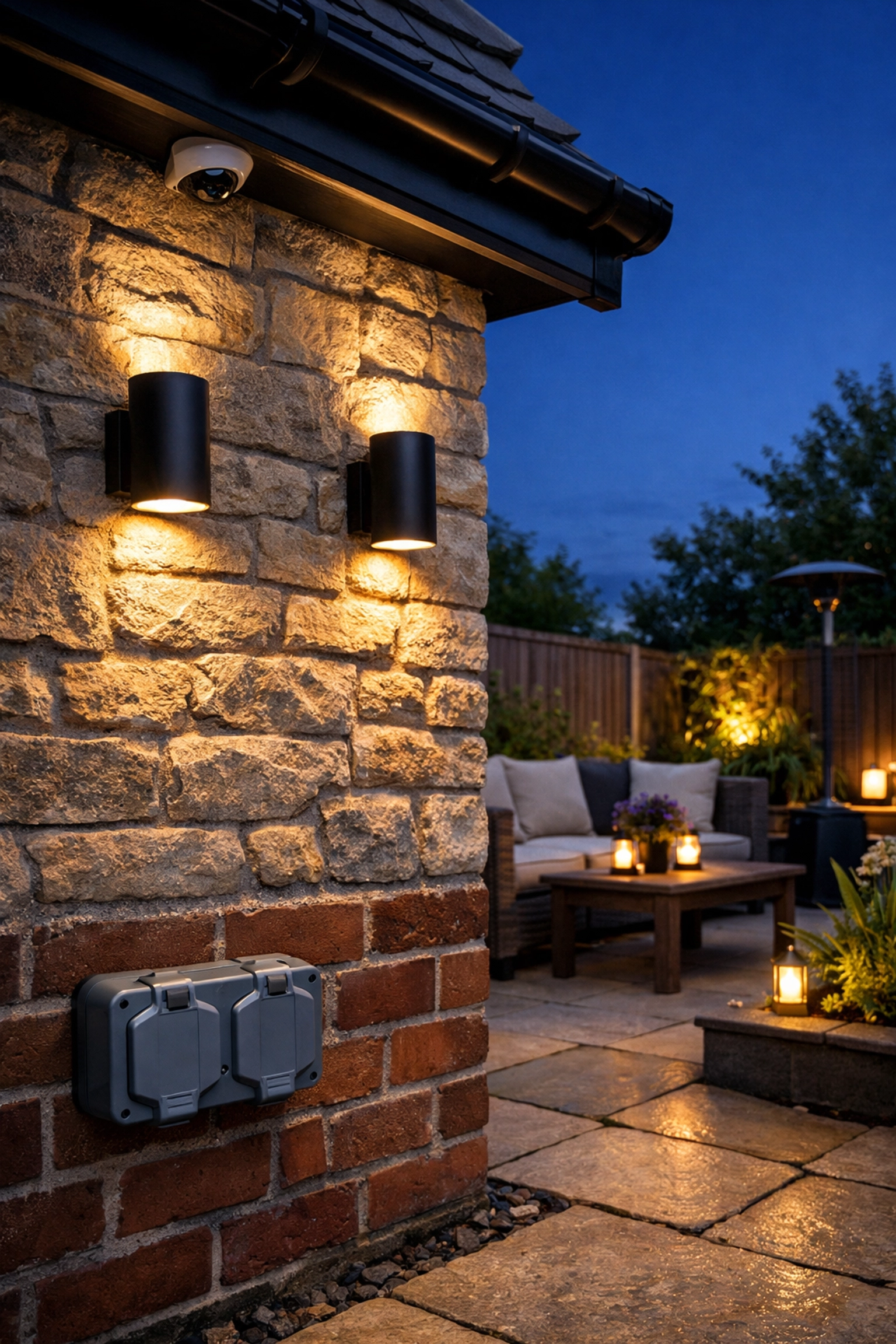 Weatherproof outdoor socket and security lighting professionally installed by electricians Poole.