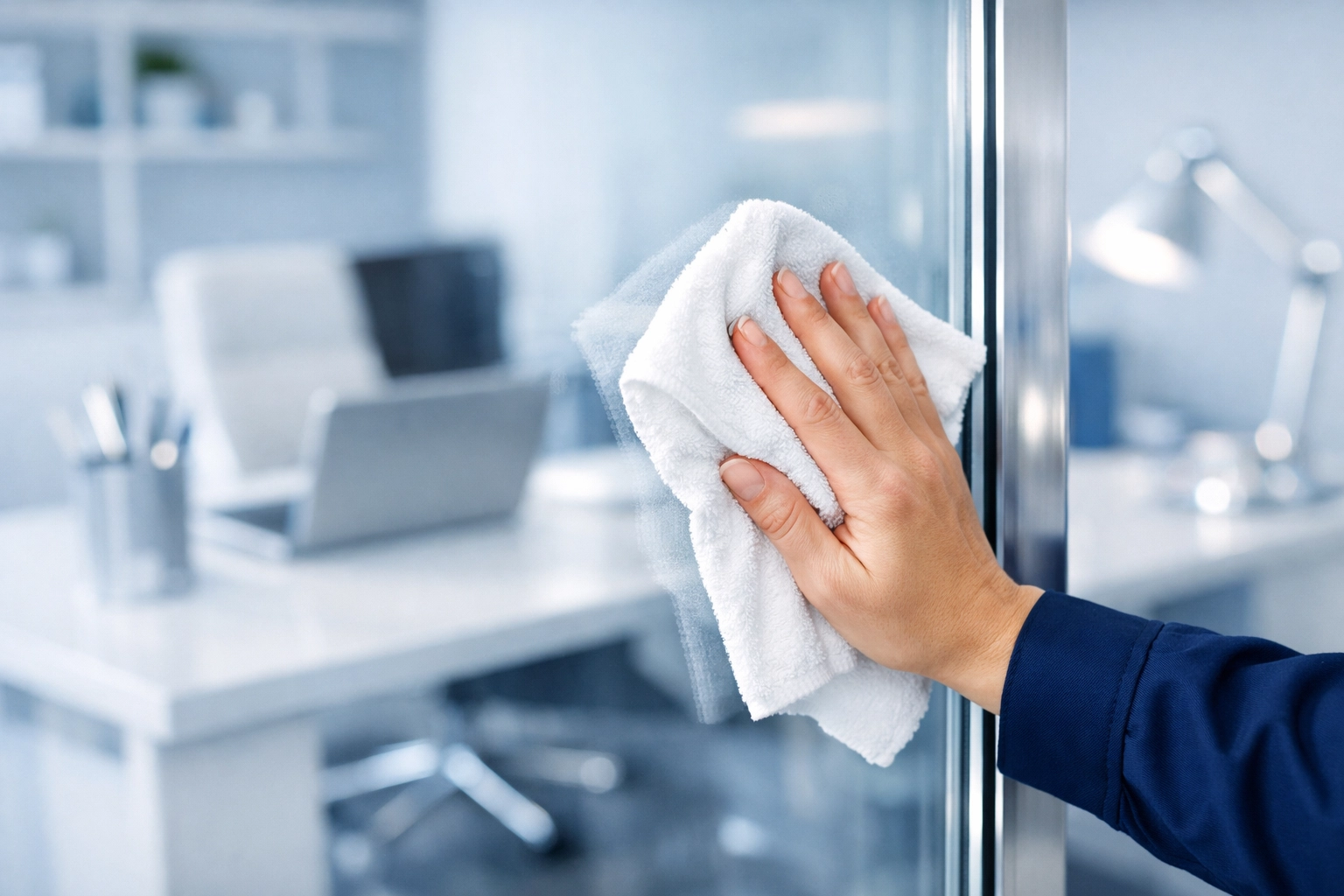 Detailed commercial cleaning Carlisle services focusing on high-touch glass surfaces in a professional office.