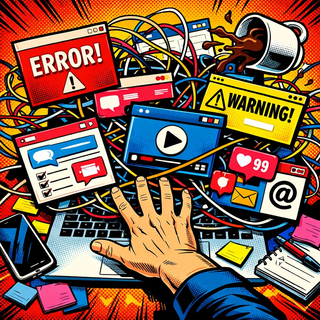 Chaotic desk with overlapping business apps and browser windows representing app fatigue