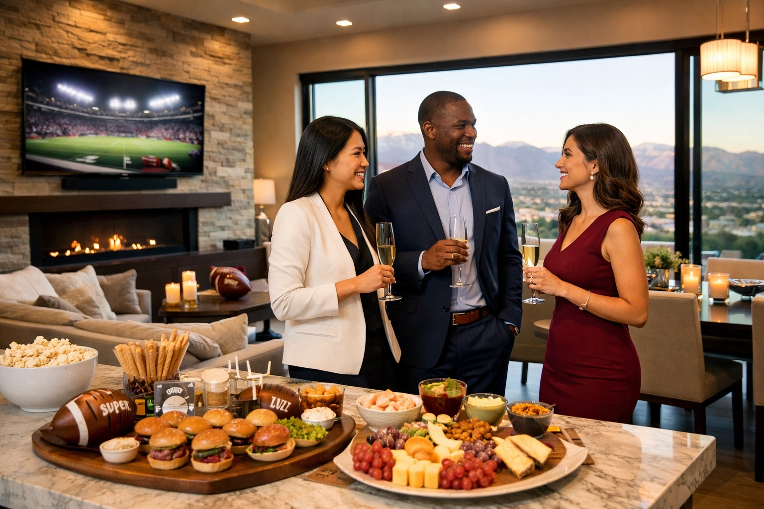 Luxury Las Vegas home interior hosting Super Bowl viewing party with guests