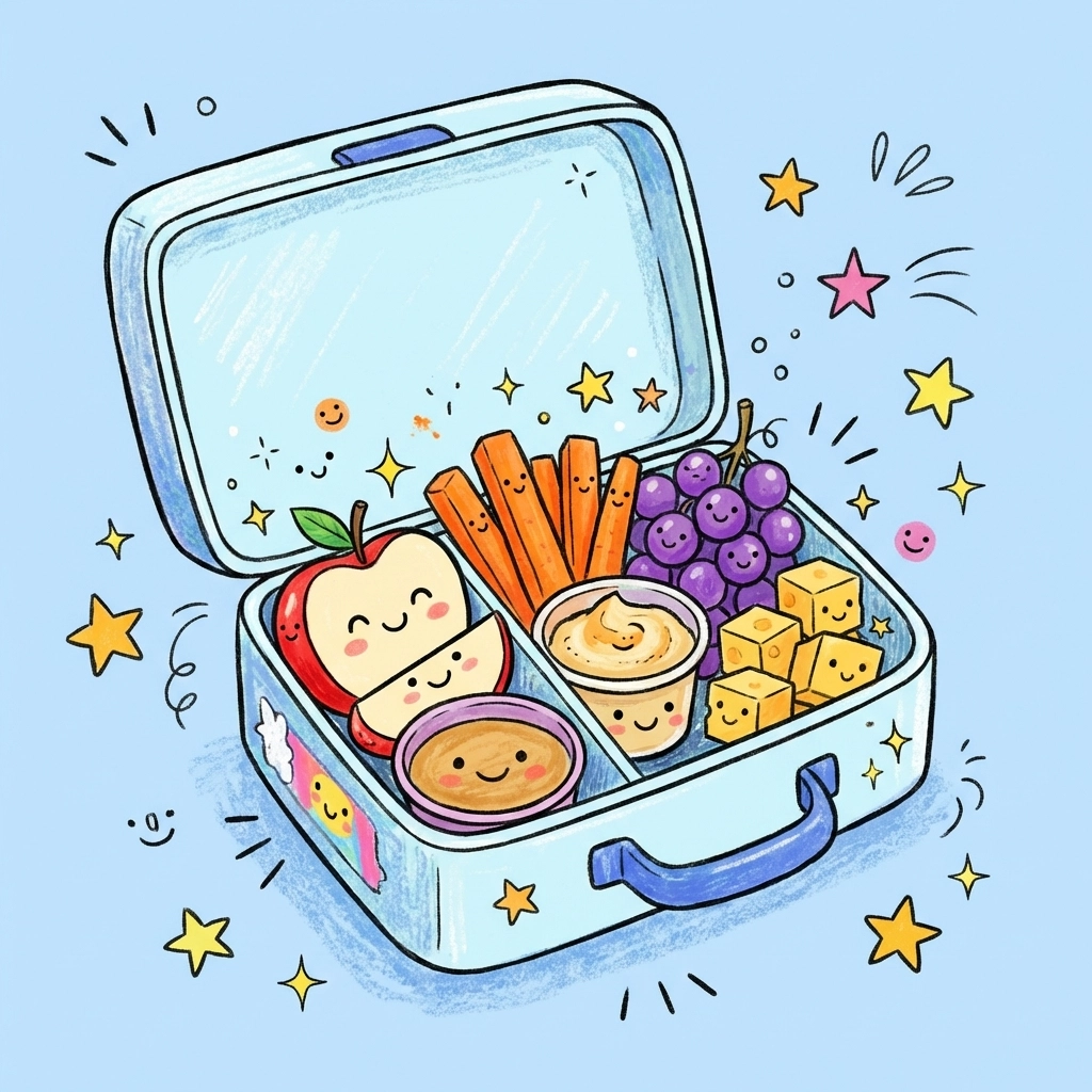 Child's lunchbox filled with colourful nut-free, gluten-free snacks like fruit, veggies, and hummus
