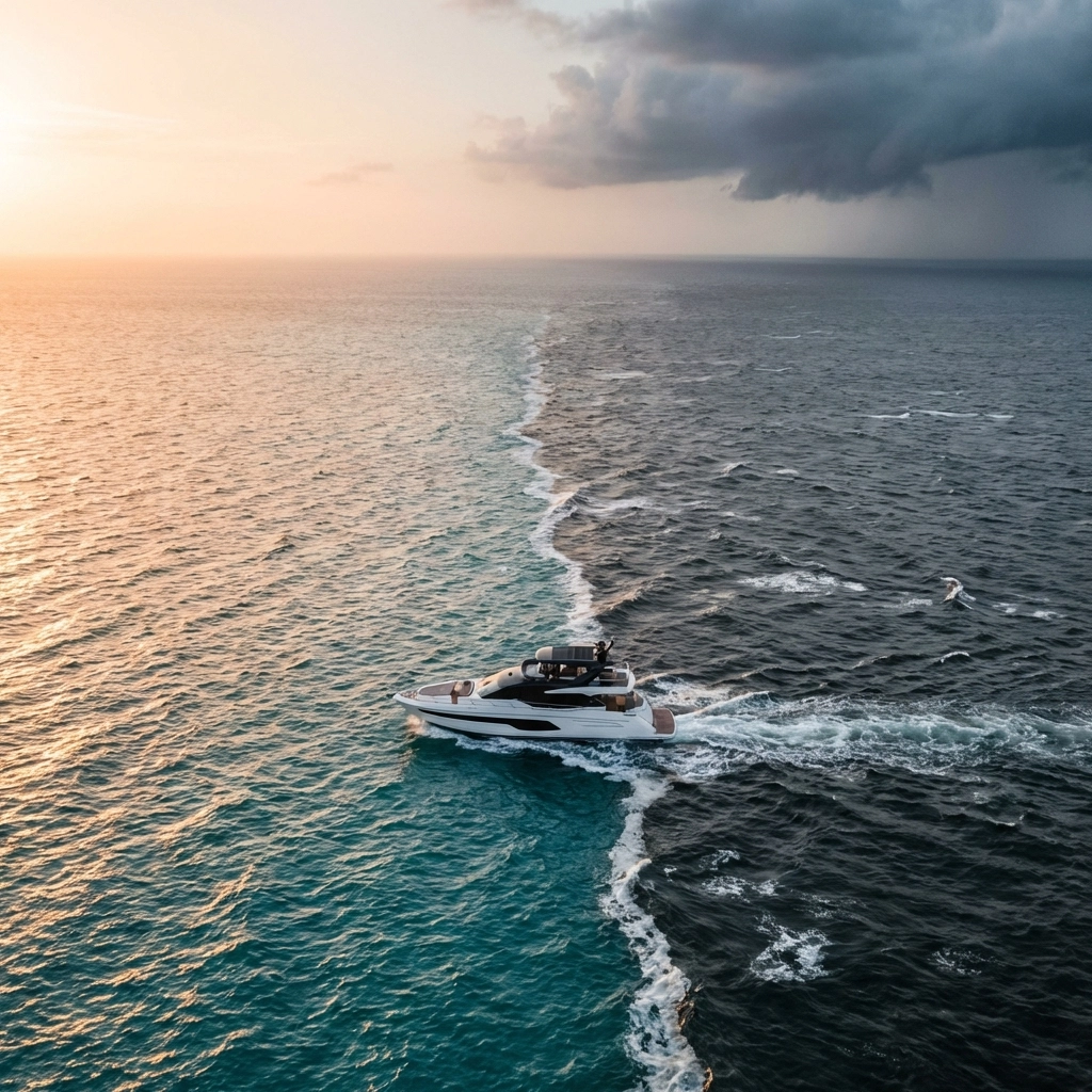 A yacht navigating the line between calm and stormy seas, symbolizing liquidity planning in alternative investing.