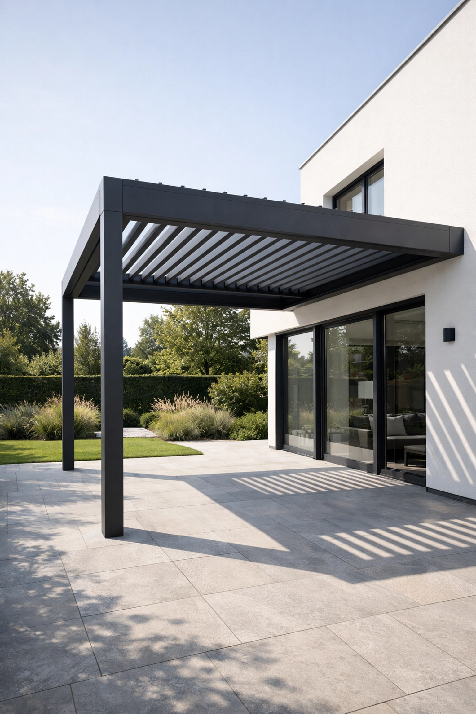 Moderne Aluminium-Pergola in Anthrazit als Terrassenüberdachung an einem minimalistischen Wohnhaus in Wien.