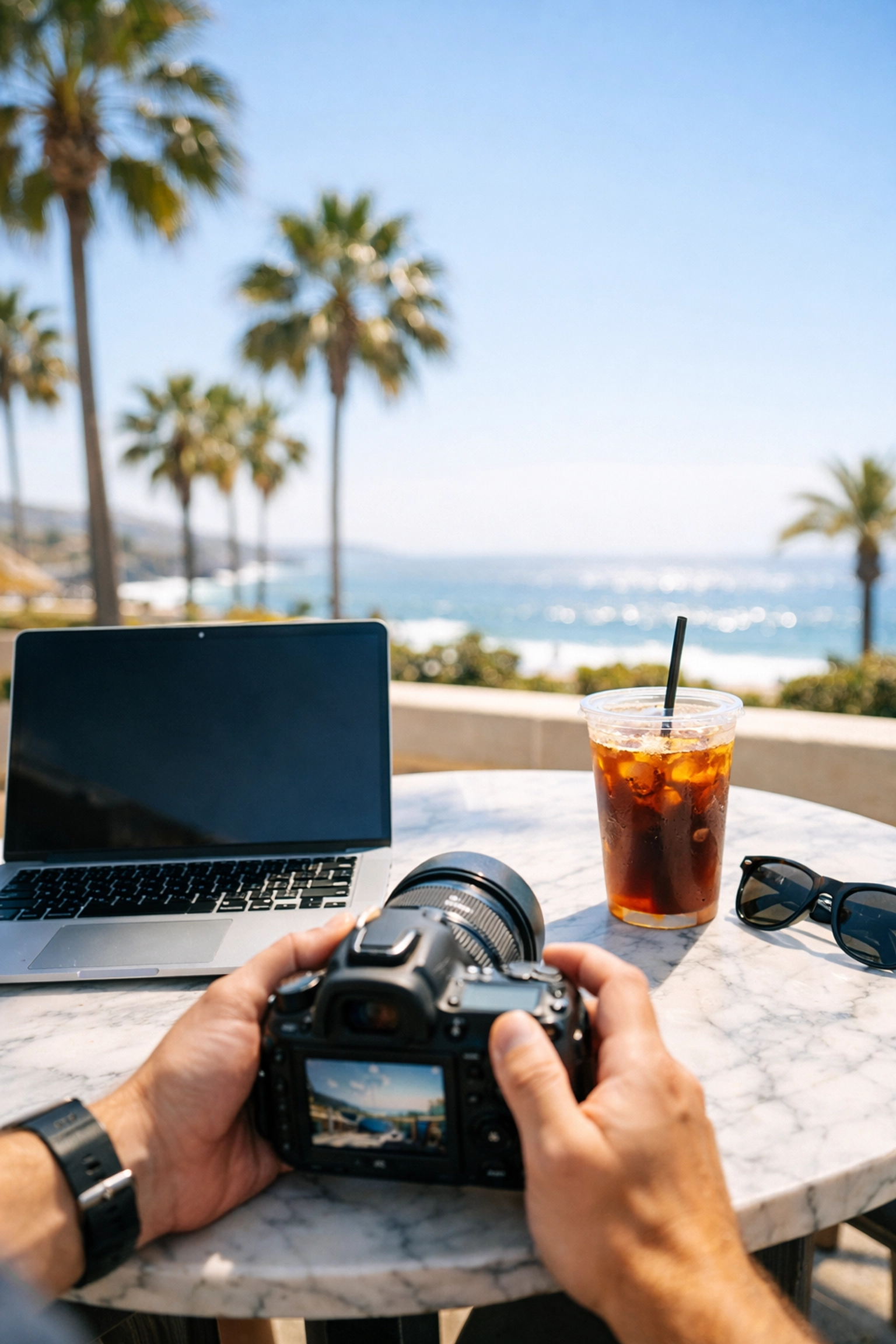 Professional photographer editing photos at a Laguna Beach café, showcasing high-speed workflow for photo spots.