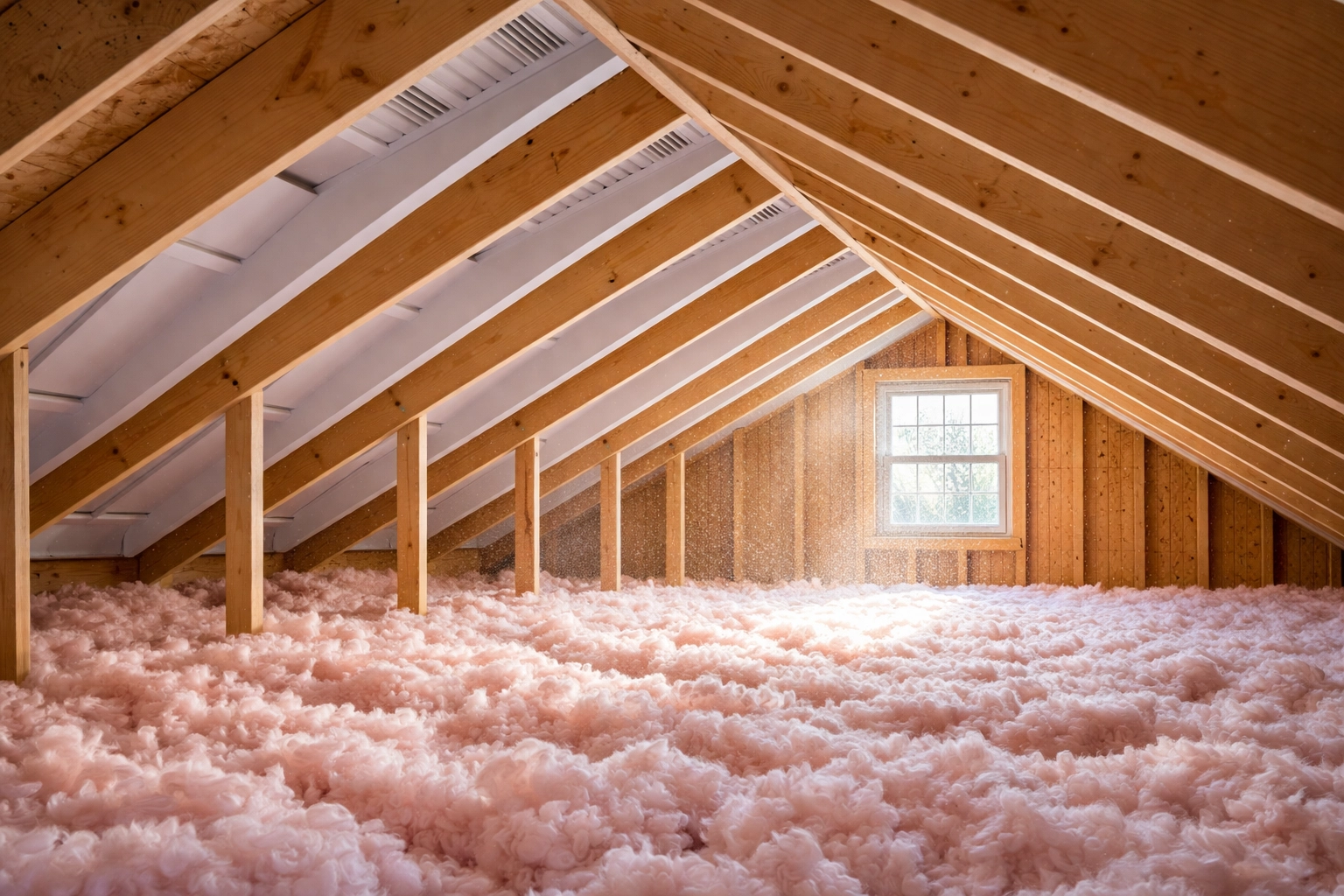 Inside a loft space in Northern Ireland, wooden rafters and eaves baffles demonstrate ideal roof ventilation.