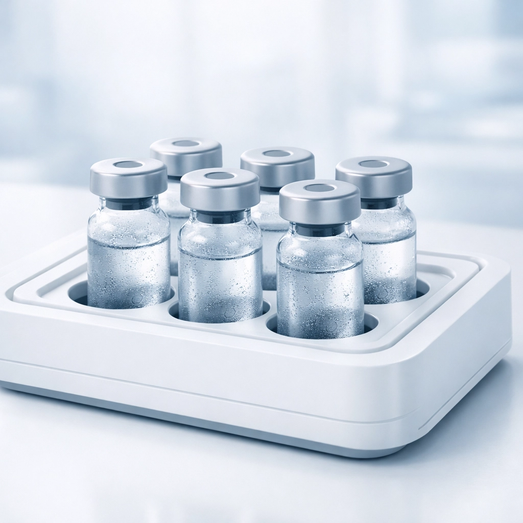Retatrutide peptide vials stored in a medical cooling tray to ensure research stability and quality.