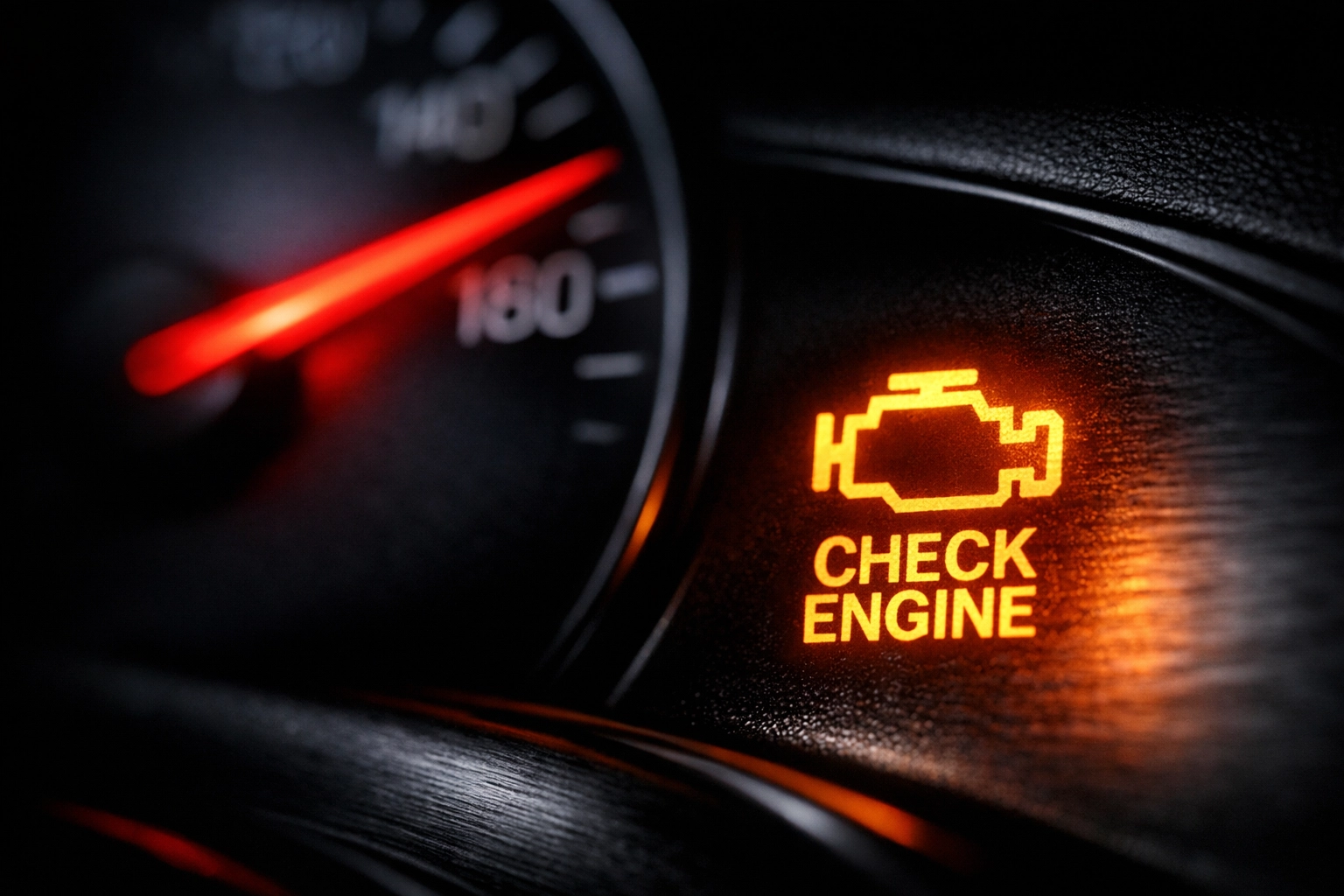 Close-up of a glowing amber check engine light on a modern car dashboard warning of engine trouble.