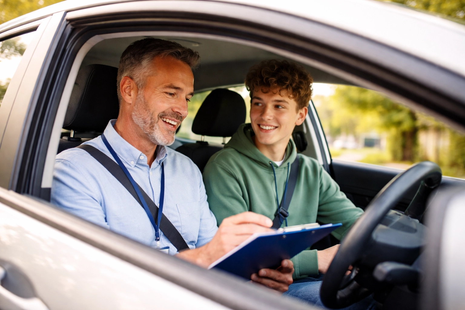 Instructor and student reviewing driving lesson progress inside a parked car after a first lesson