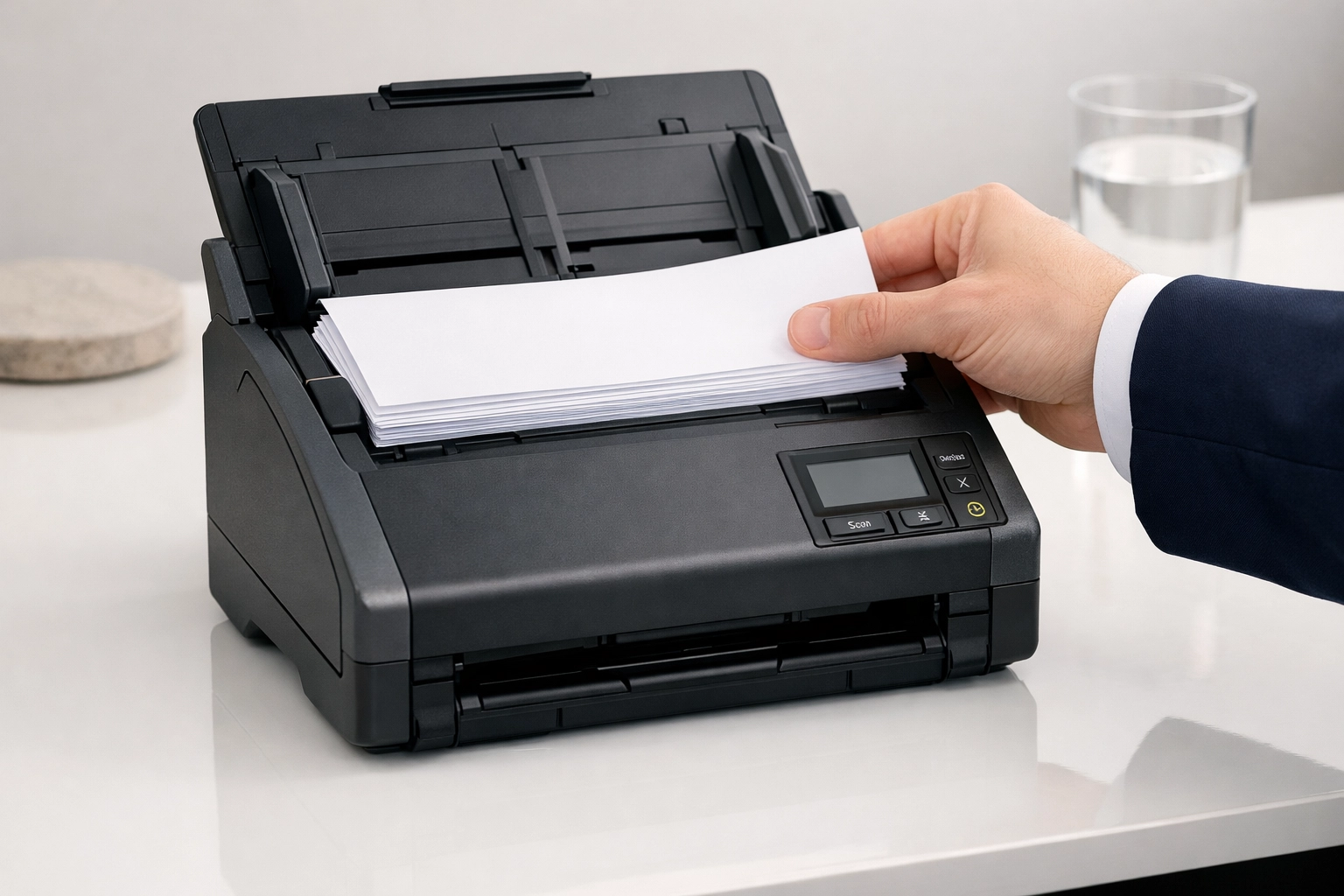 Close-up of a professional document scanner for secure tax data extraction and compliance management.