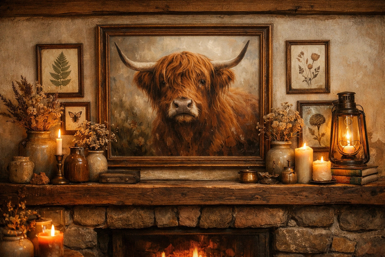 Personalized fireplace mantel decor featuring a highland cow painting and artisan art.