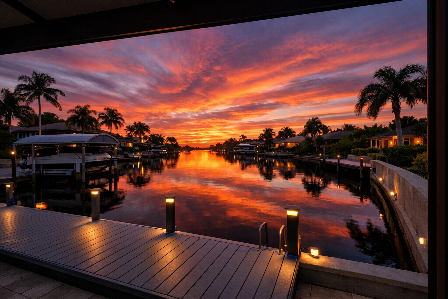 A stunning sunset view over a Cape Coral canal featuring a modern composite dock and seawall.