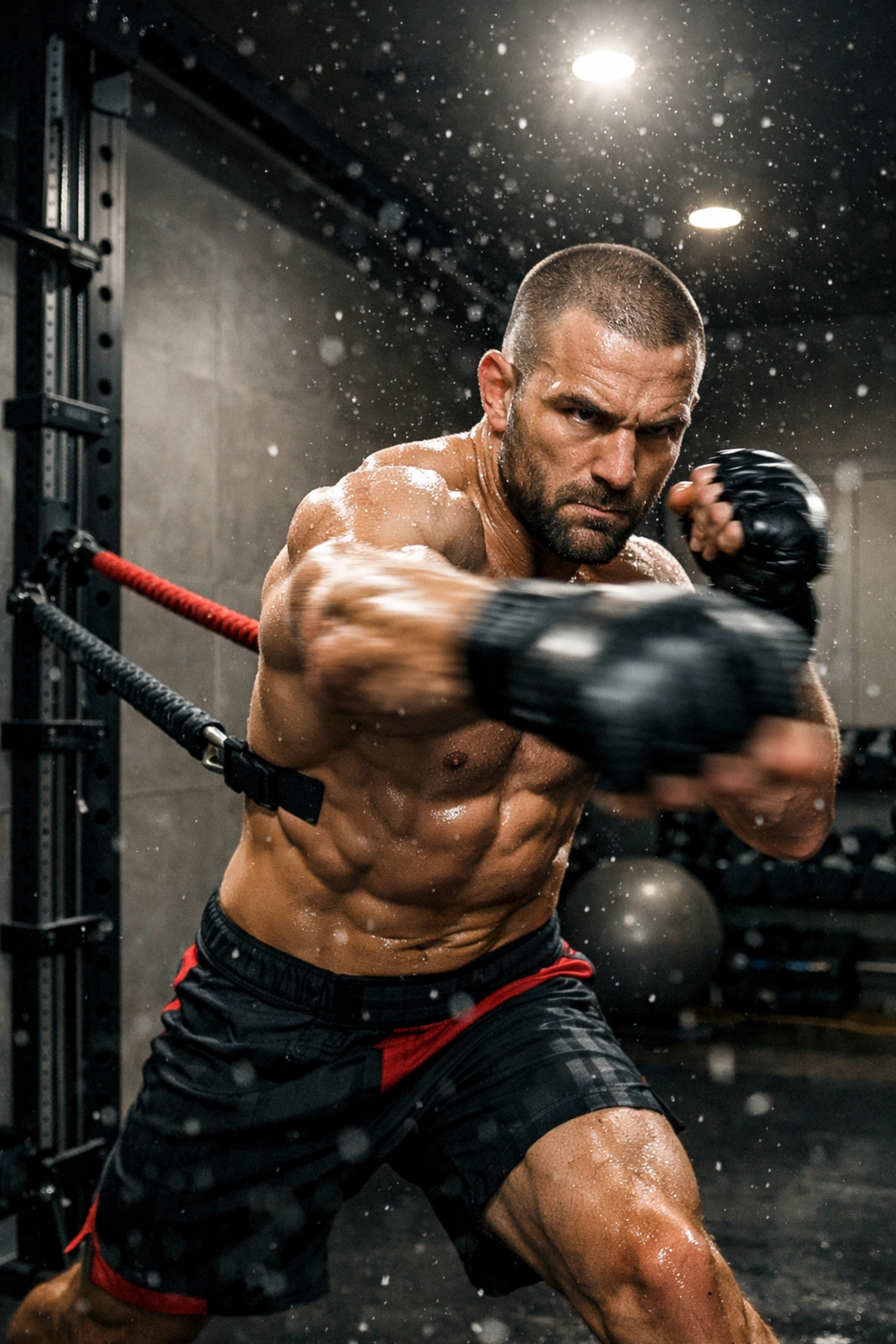 Professional MMA fighter shadowboxing with resistance bands in a versatile home gym setup.