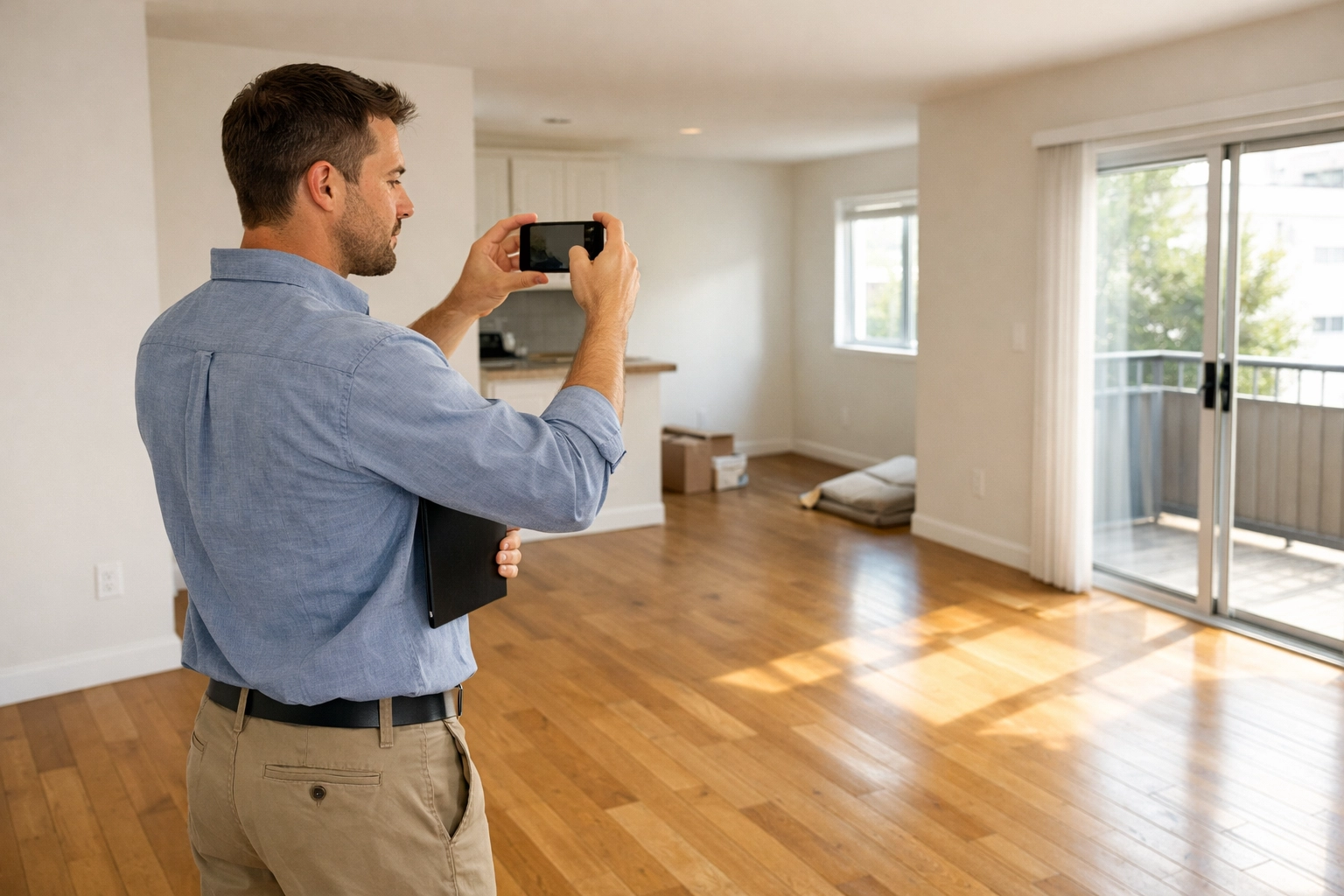Property manager conducting apartment inspection with smartphone documentation