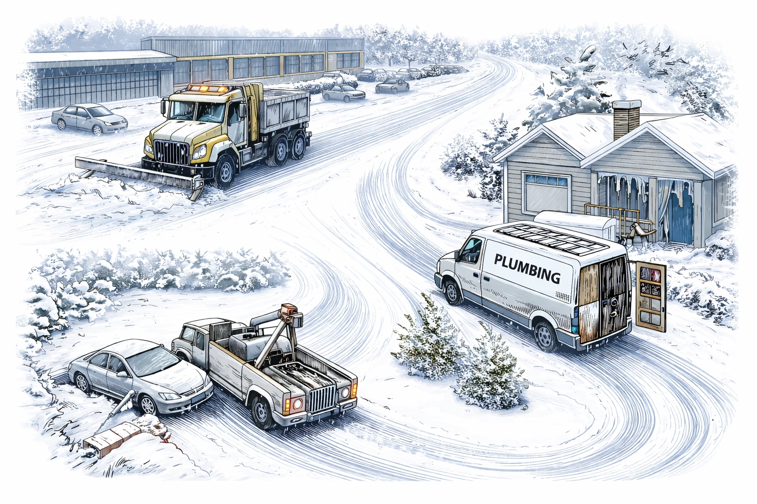Illustration of snow removal, plumbing, and towing vehicles working during a winter storm surge, highlighting increased service demand.