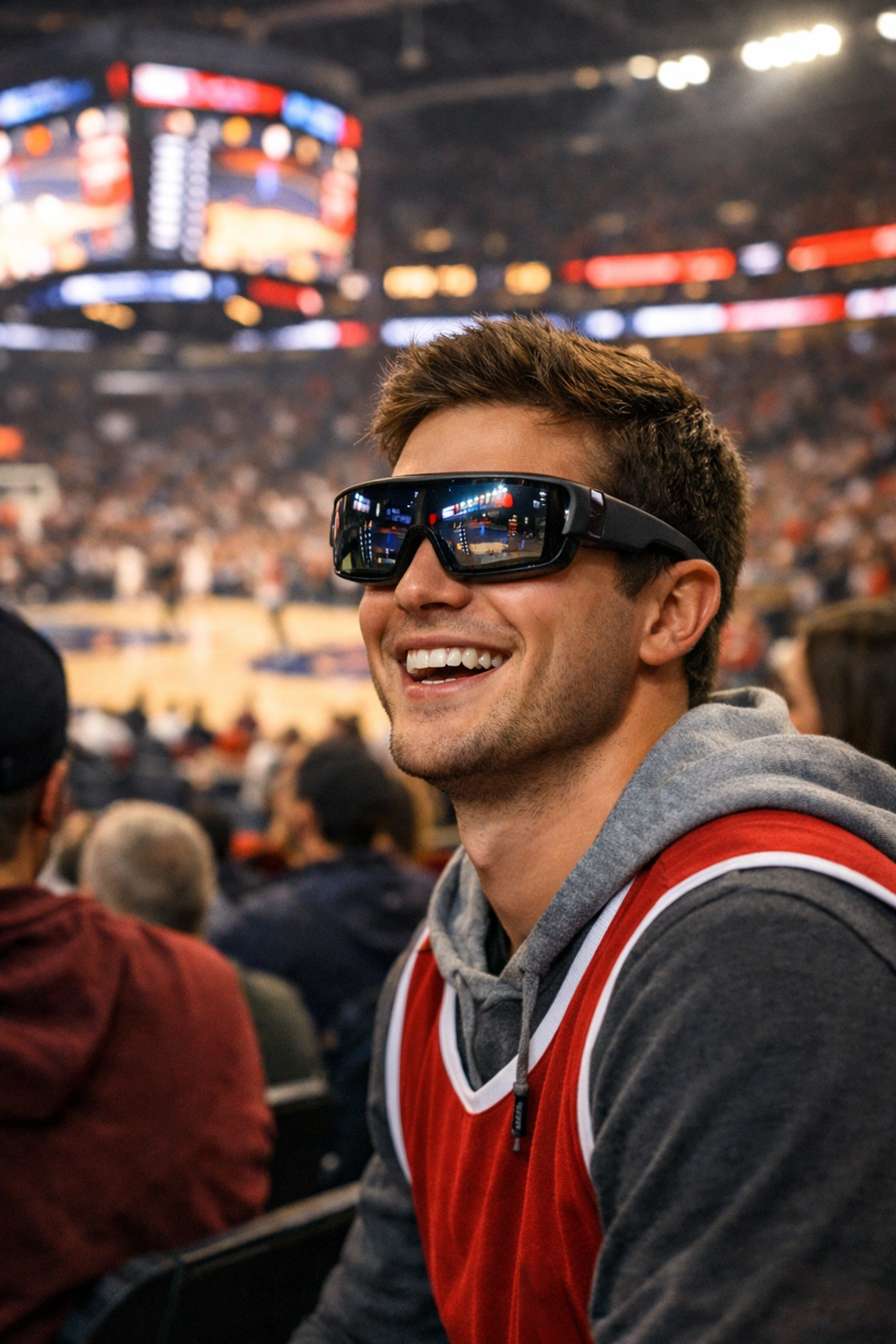 Sports fan wearing AR glasses enjoys immersive basketball game experience in a modern stadium