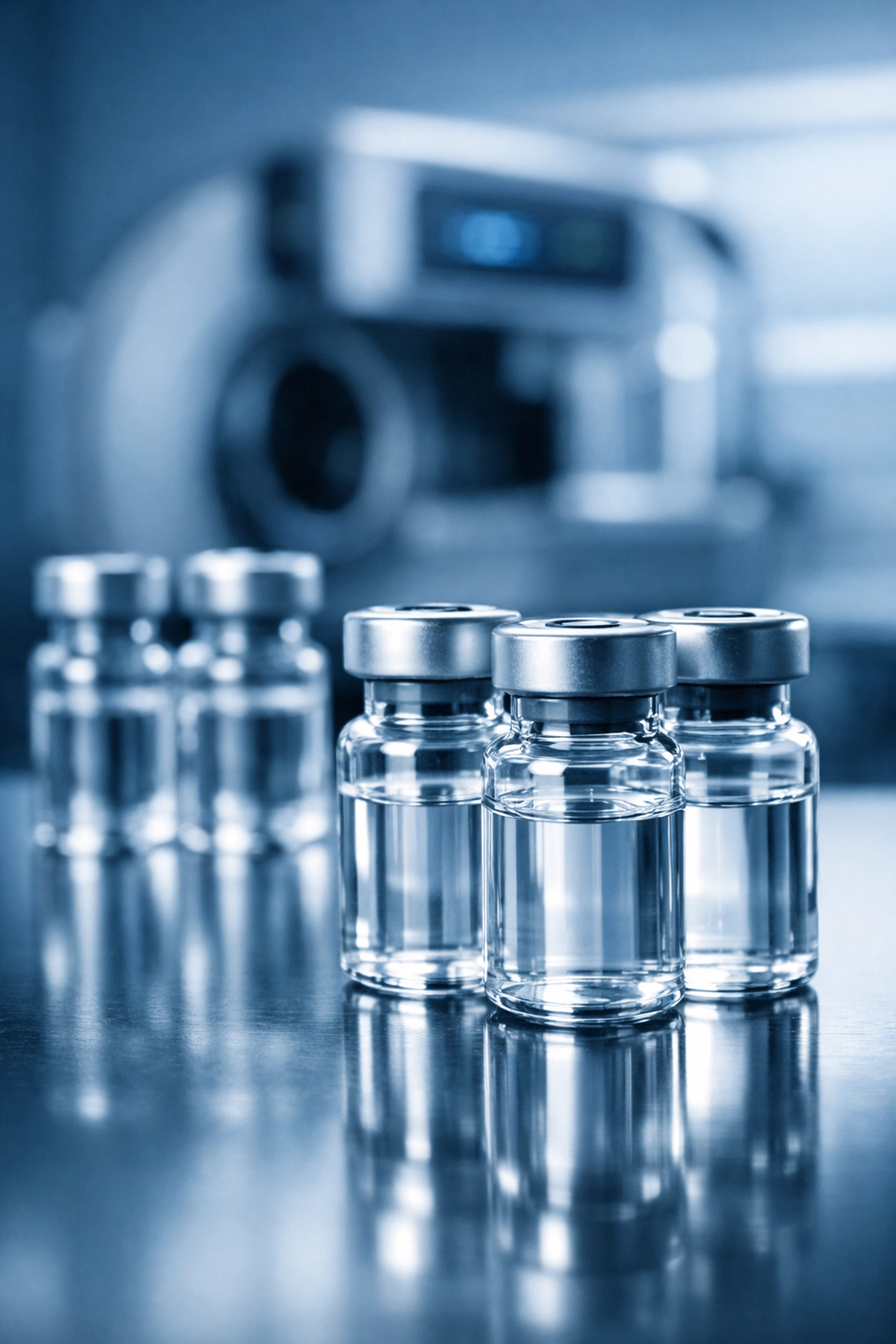 Sterile pharmaceutical vials of BPC-157 and NAD+ peptides in a professional clinical laboratory setting.