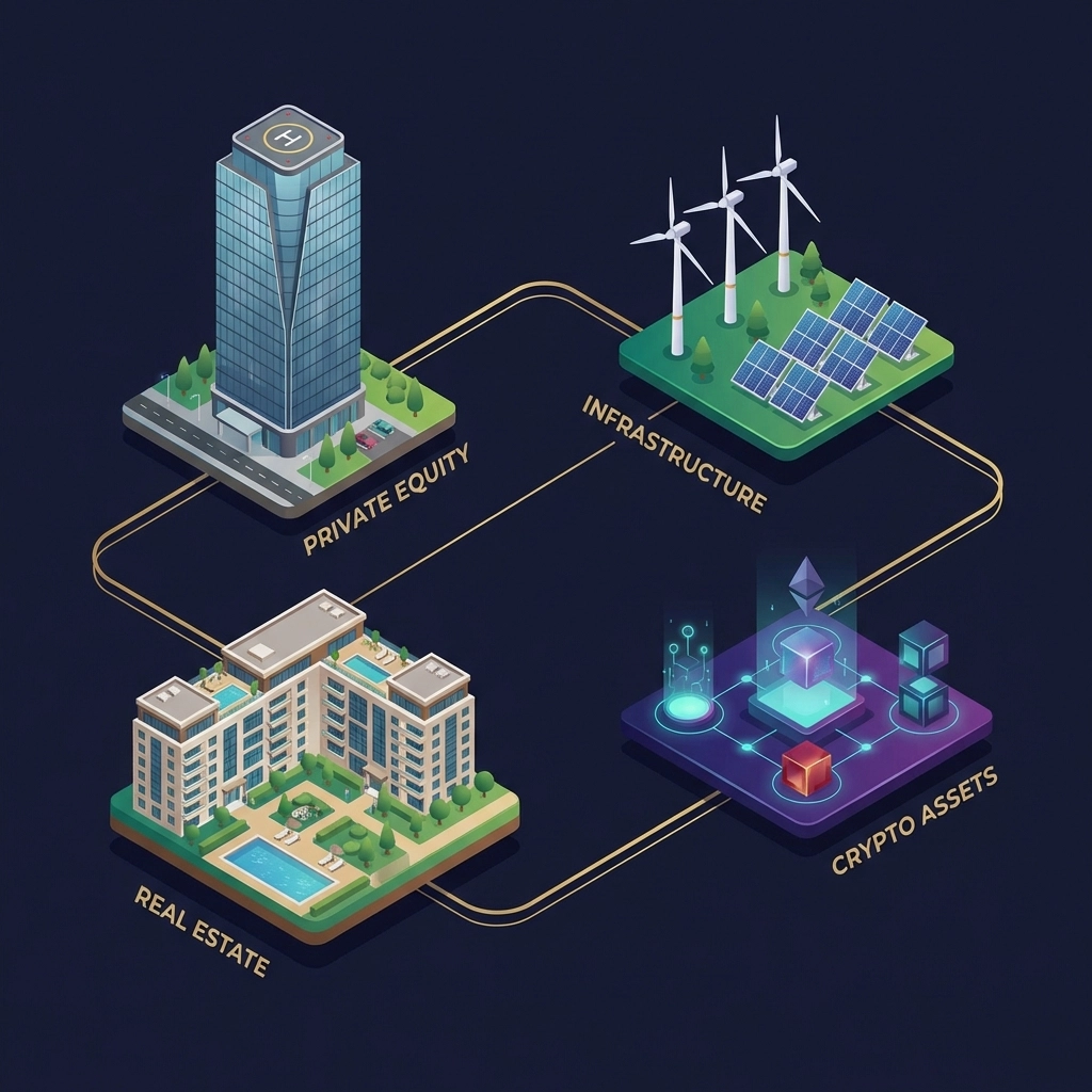 Illustration of diverse alternative investments, including real estate, private equity, infrastructure, and crypto for portfolio diversification.