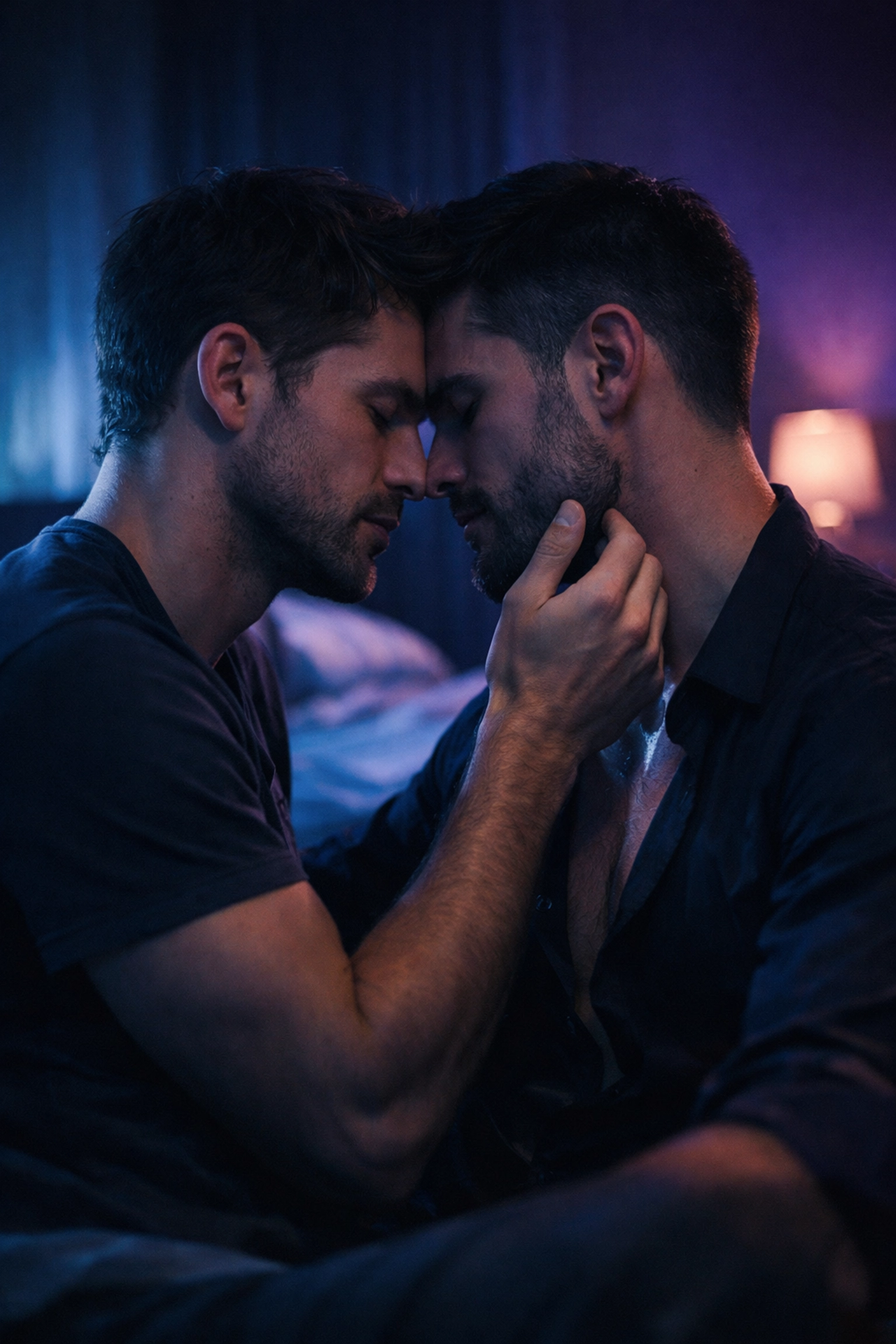 Two men in a steamy bedroom embrace, capturing intense gay romance and mutual desire
