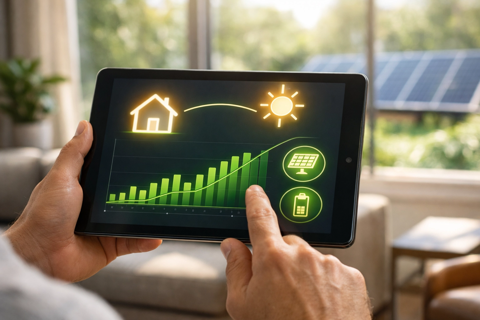 Homeowner monitoring real-time solar energy production and battery storage on a tablet.